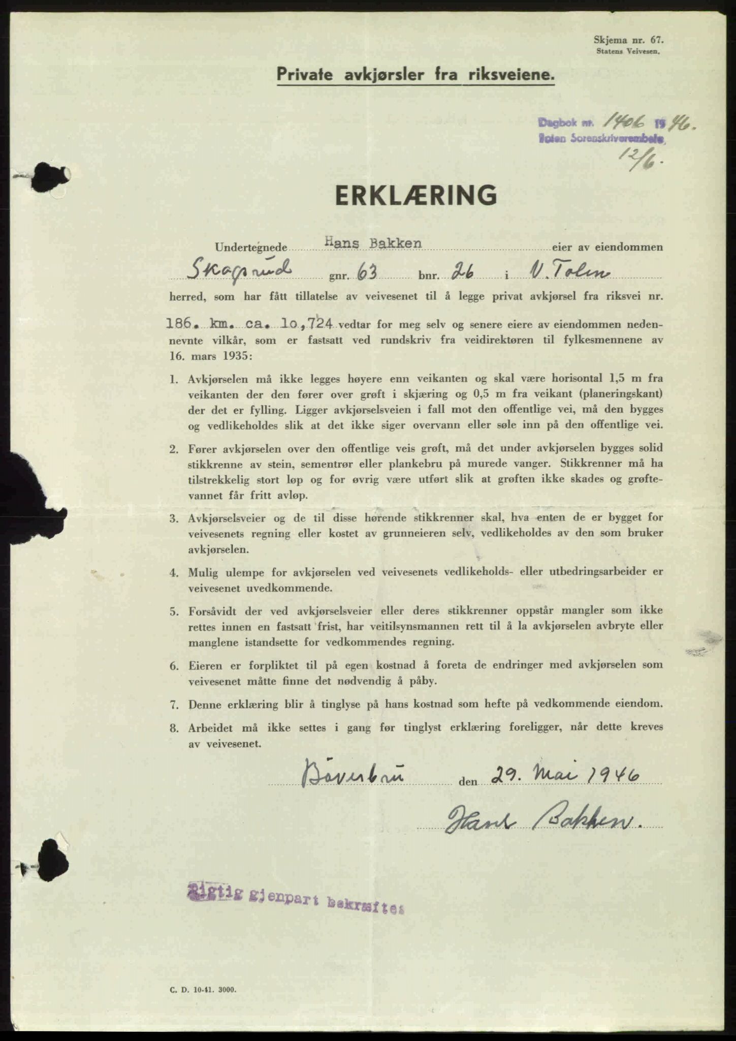 Toten tingrett, AV/SAH-TING-006/H/Hb/Hbc/L0014: Mortgage book no. Hbc-14, 1946-1946, Diary no: : 1406/1946