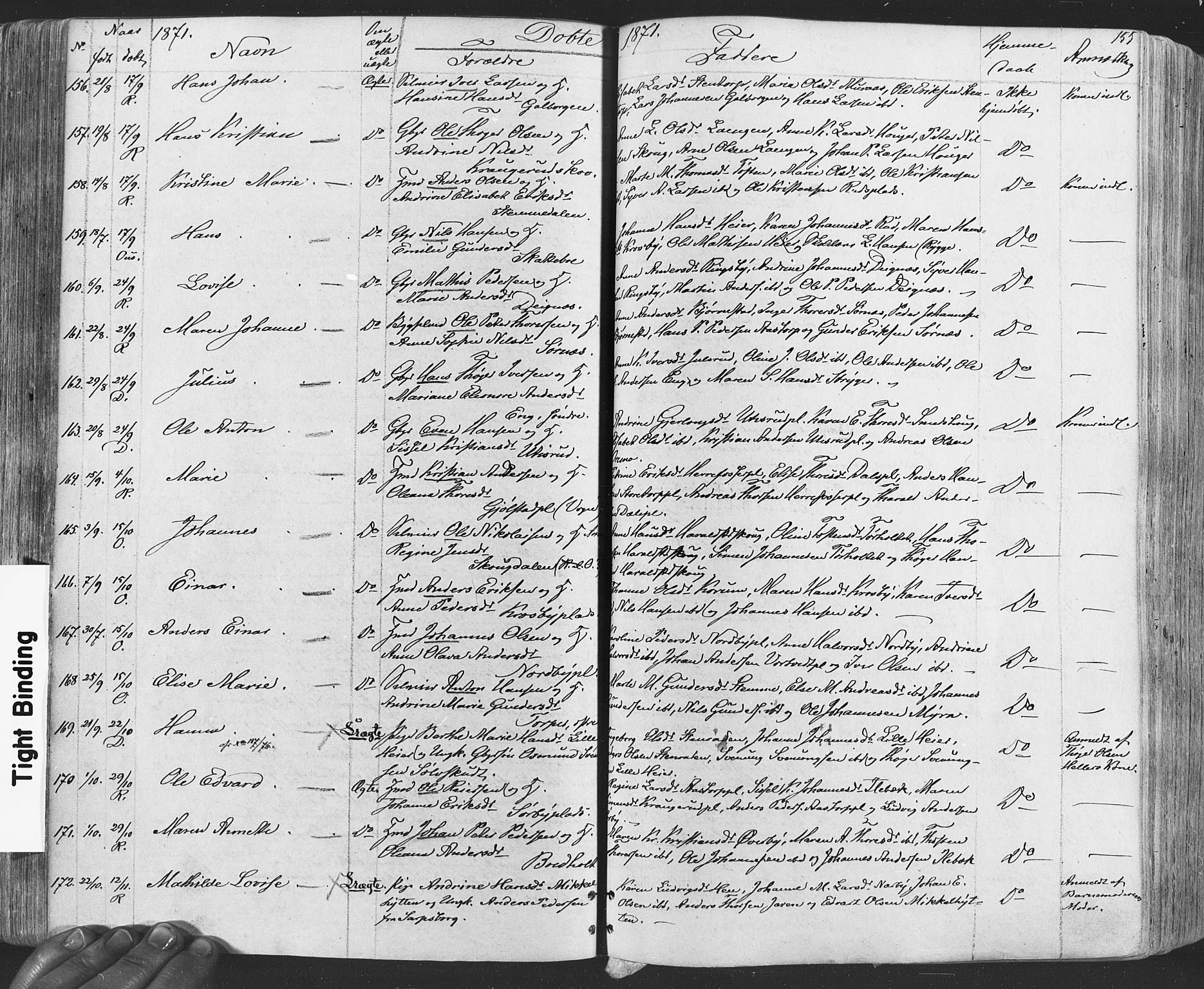 Rakkestad prestekontor Kirkebøker, AV/SAO-A-2008/F/Fa/L0011: Parish register (official) no. I 11, 1862-1877, p. 155