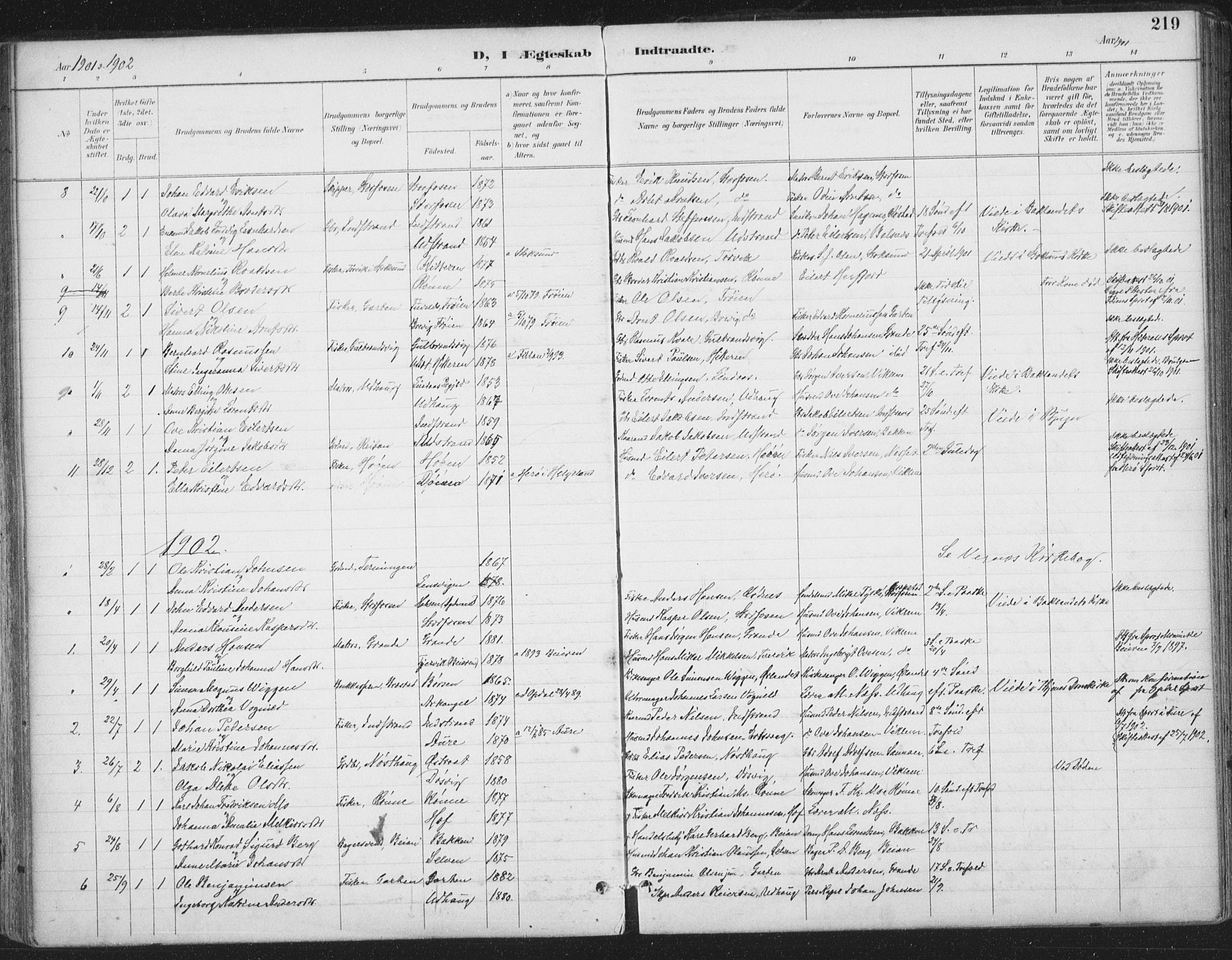 Ministerialprotokoller, klokkerbøker og fødselsregistre - Sør-Trøndelag, SAT/A-1456/659/L0743: Parish register (official) no. 659A13, 1893-1910, p. 219
