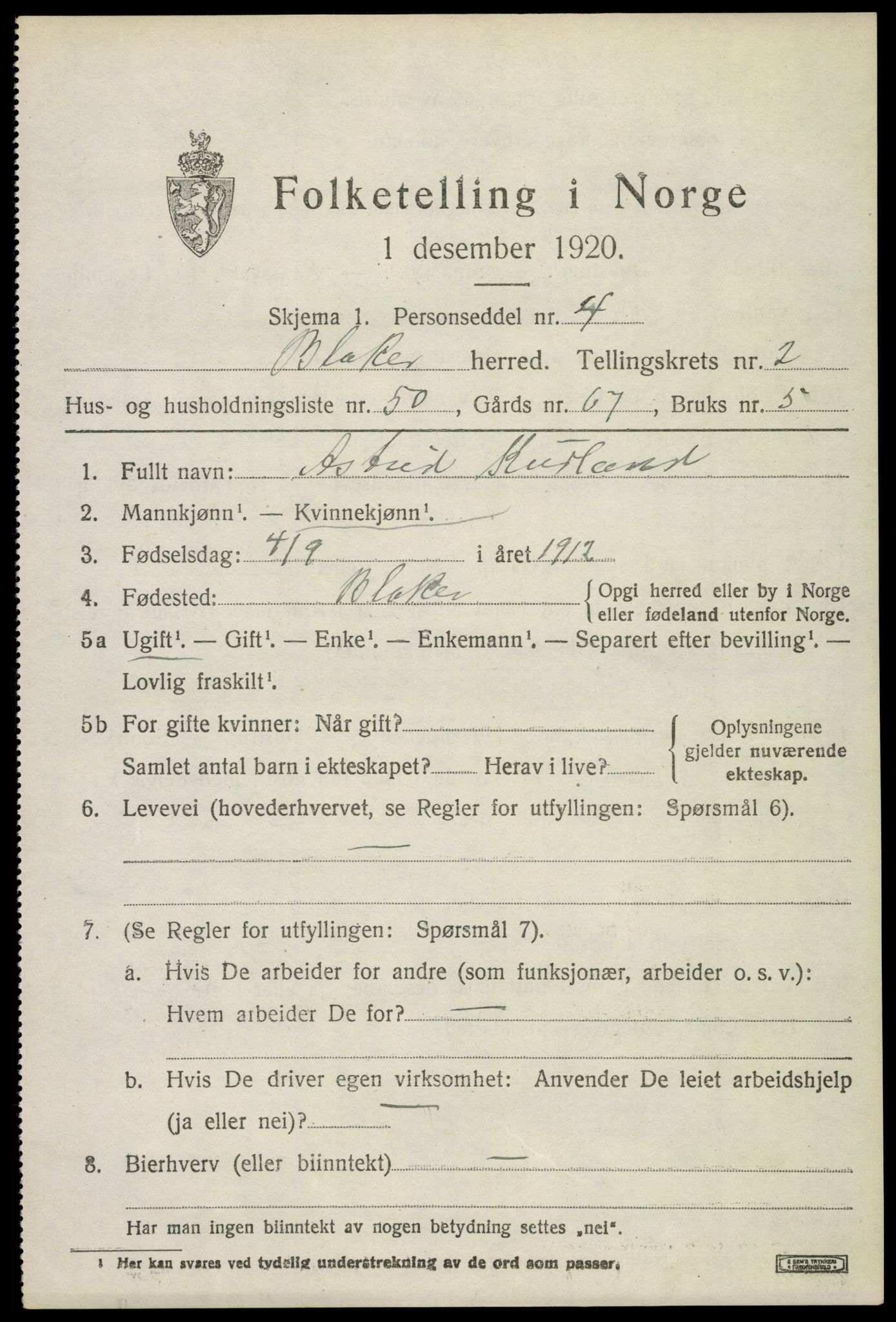 SAO, 1920 census for Blaker, 1920, p. 2009