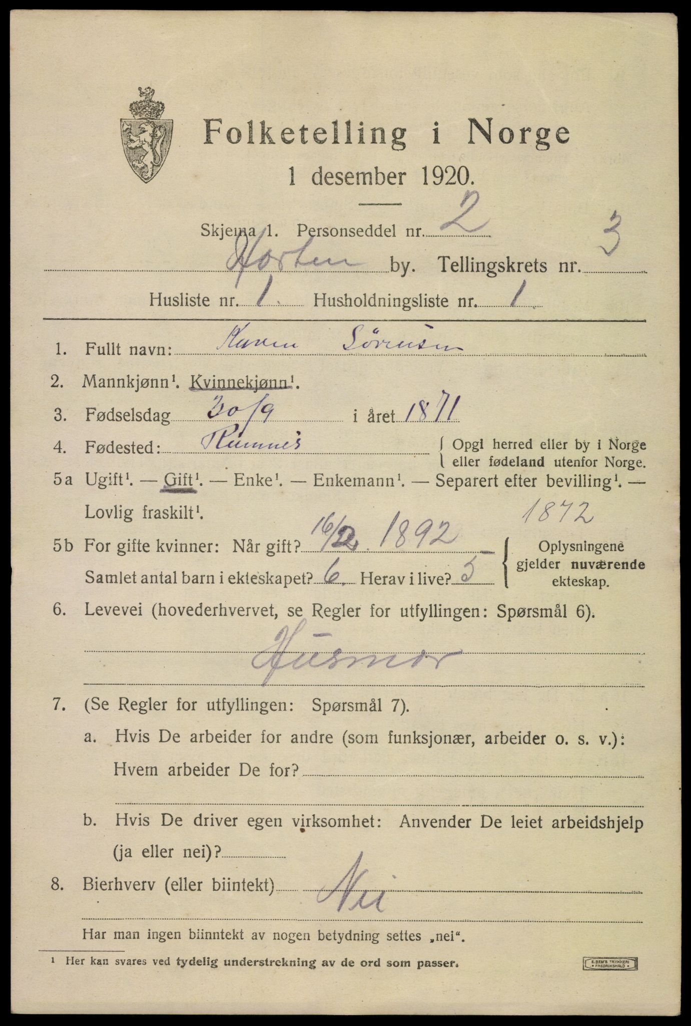 SAKO, 1920 census for Horten, 1920, p. 13461