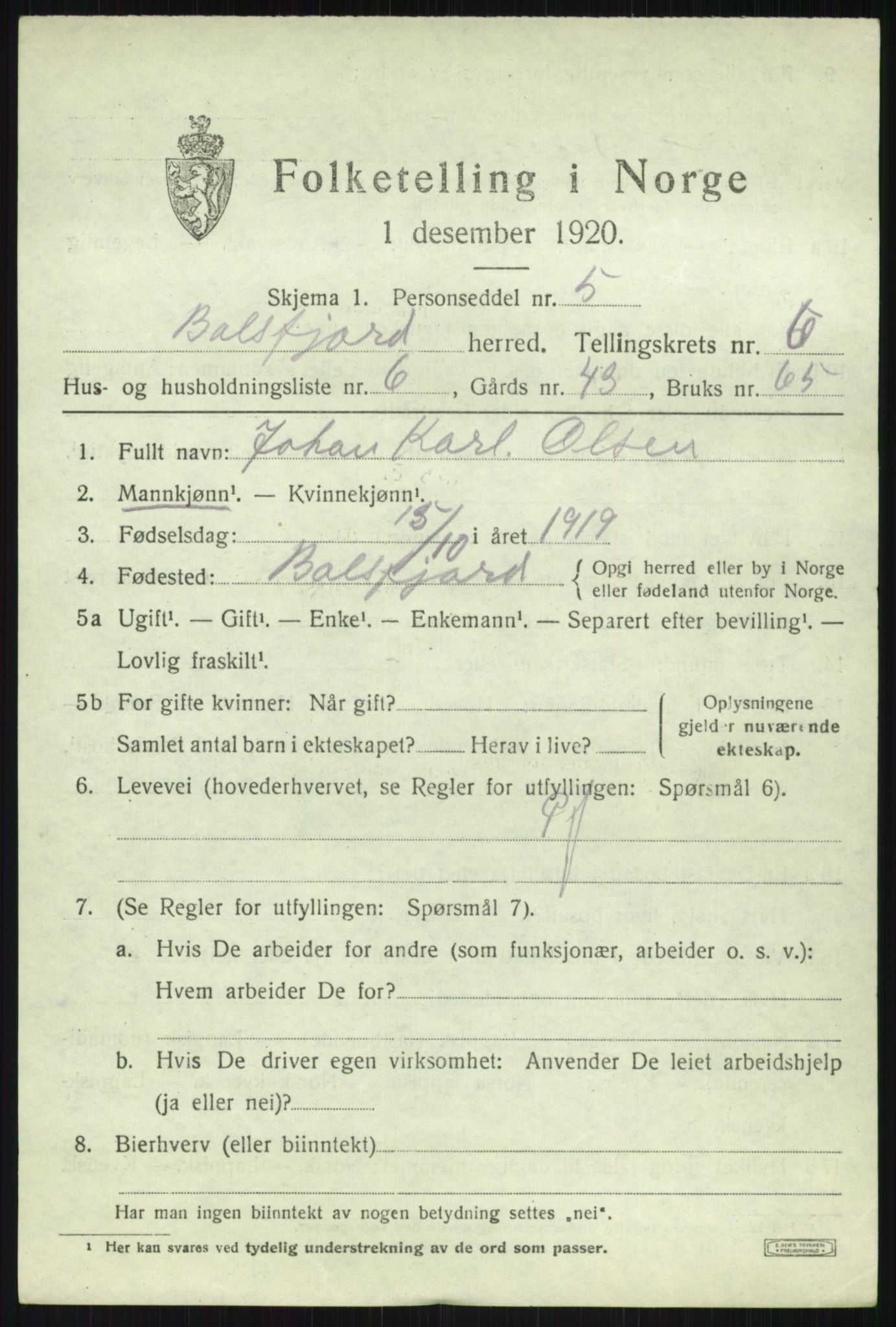 SATØ, 1920 census for Balsfjord, 1920, p. 3798