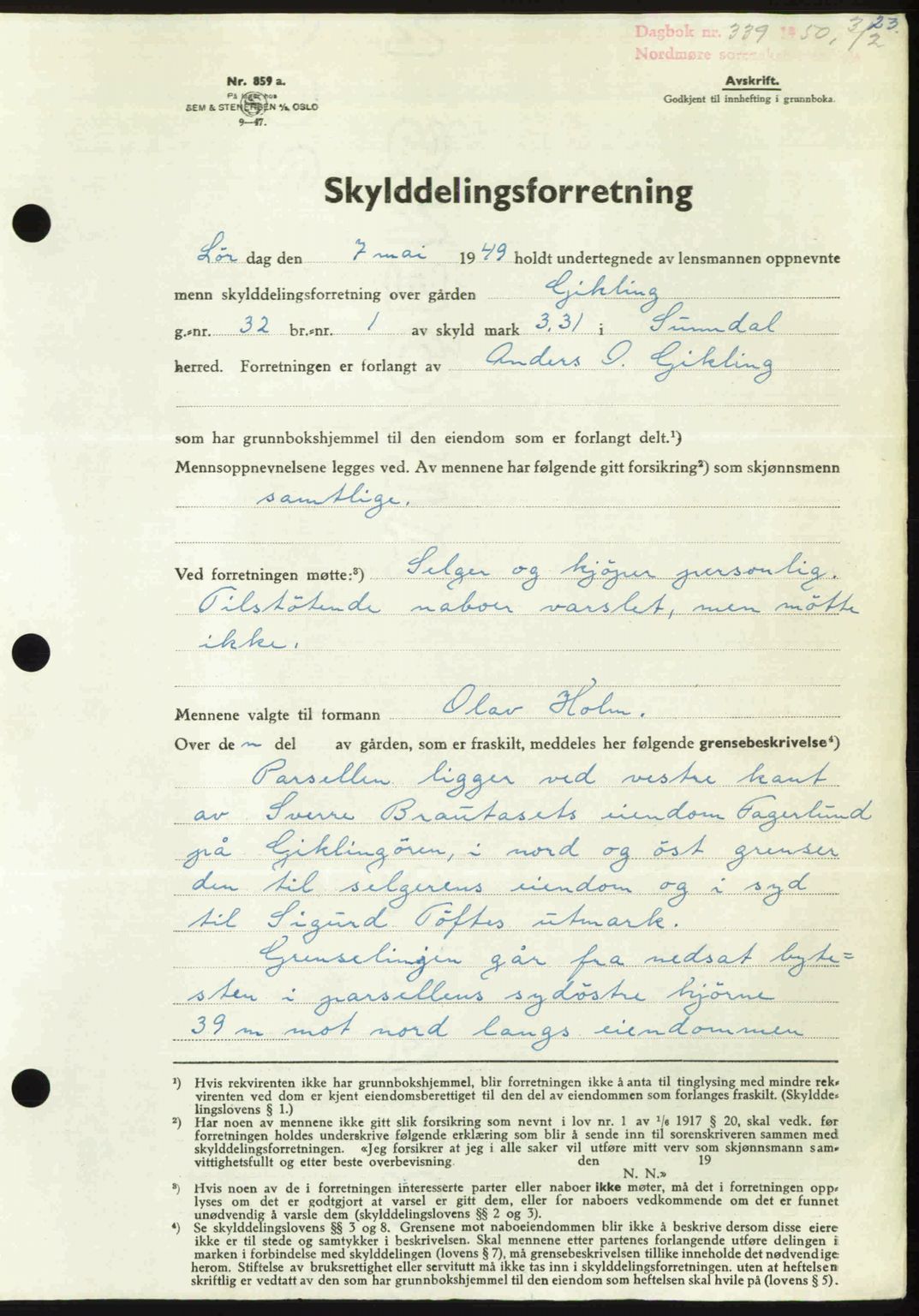 Nordmøre sorenskriveri, AV/SAT-A-4132/1/2/2Ca: Mortgage book no. A114, 1950-1950, Diary no: : 339/1950