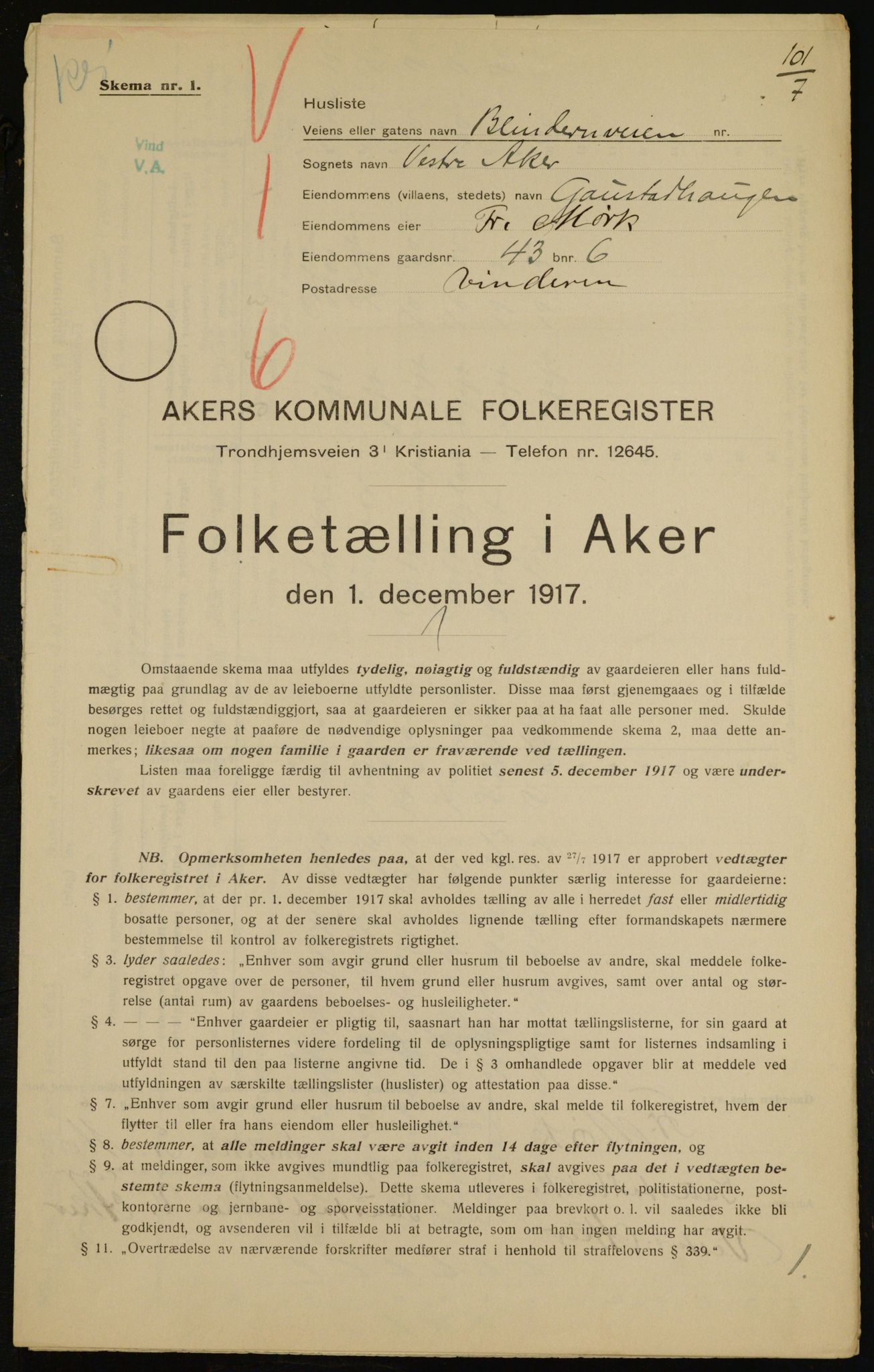 OBA, Municipal Census 1917 for Aker, 1917, p. 10411