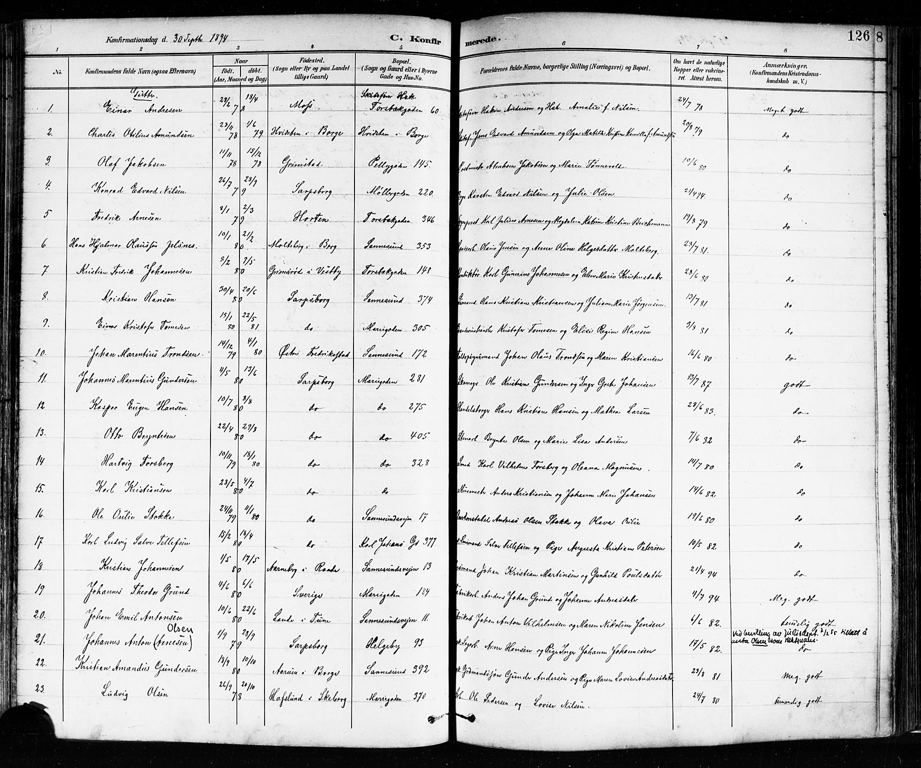 Sarpsborg prestekontor Kirkebøker, AV/SAO-A-2006/F/Fa/L0004: Parish register (official) no. 4, 1892-1899, p. 126