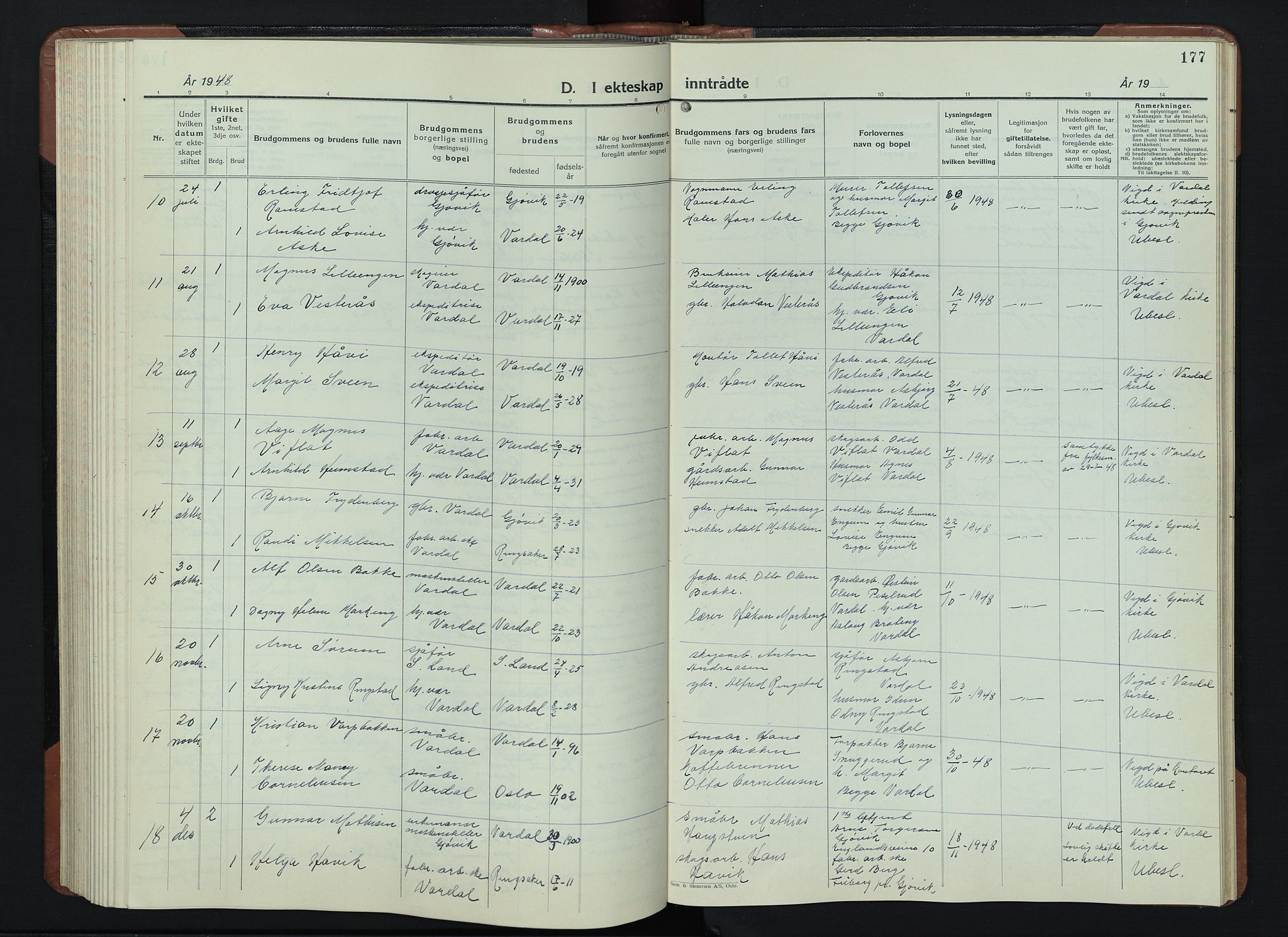 Vardal prestekontor, SAH/PREST-100/H/Ha/Hab/L0018: Parish register (copy) no. 18, 1931-1951, p. 177