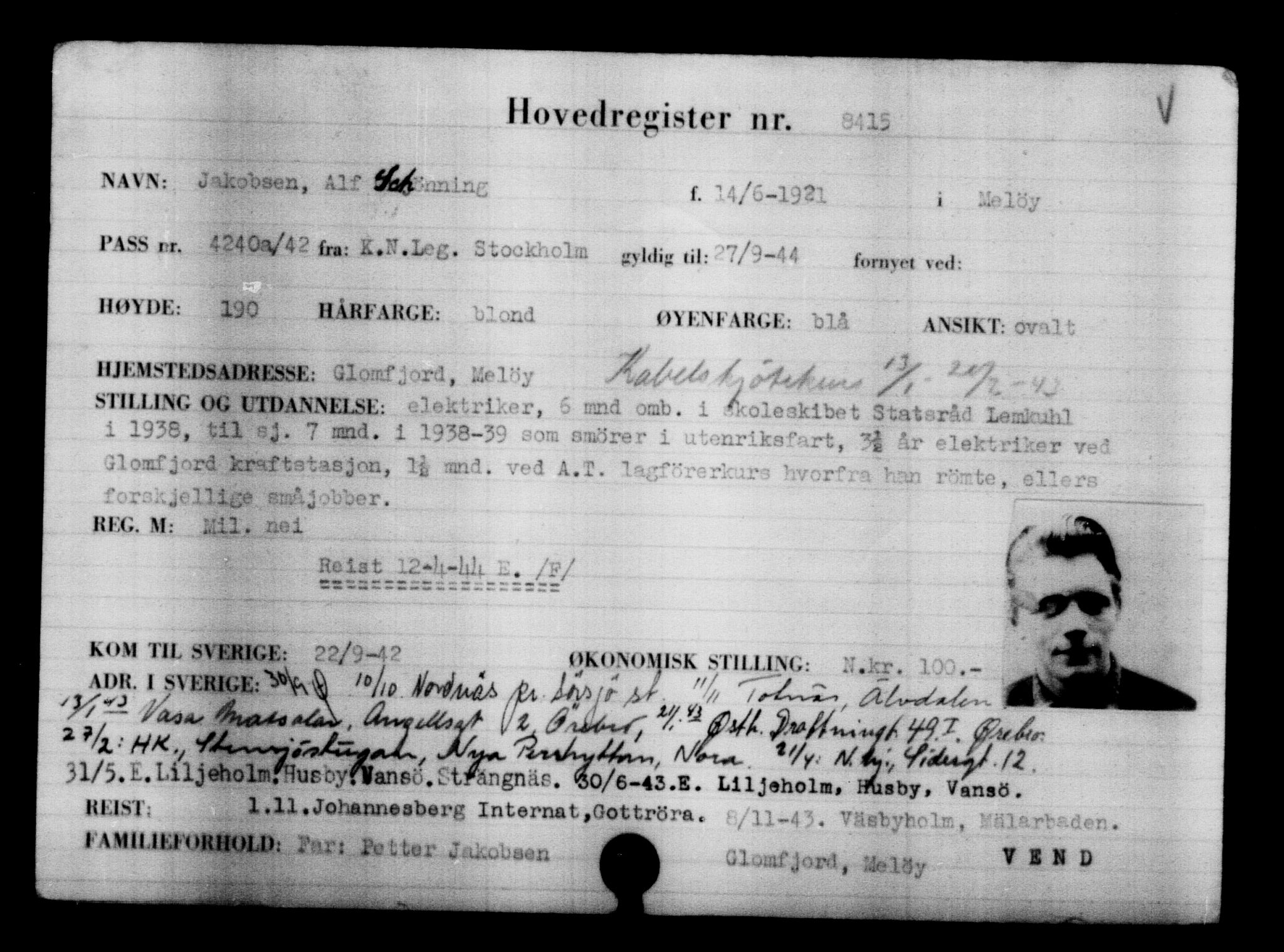 Utenriksstasjonene, Legasjonen i Stockholm, Flyktningkontoret, AV/RA-S-6753/V/Va/L0005: Kjesäterkartoteket, flyktninger med registreringsnr. 6600-9417, 1940-1945, p. 2112