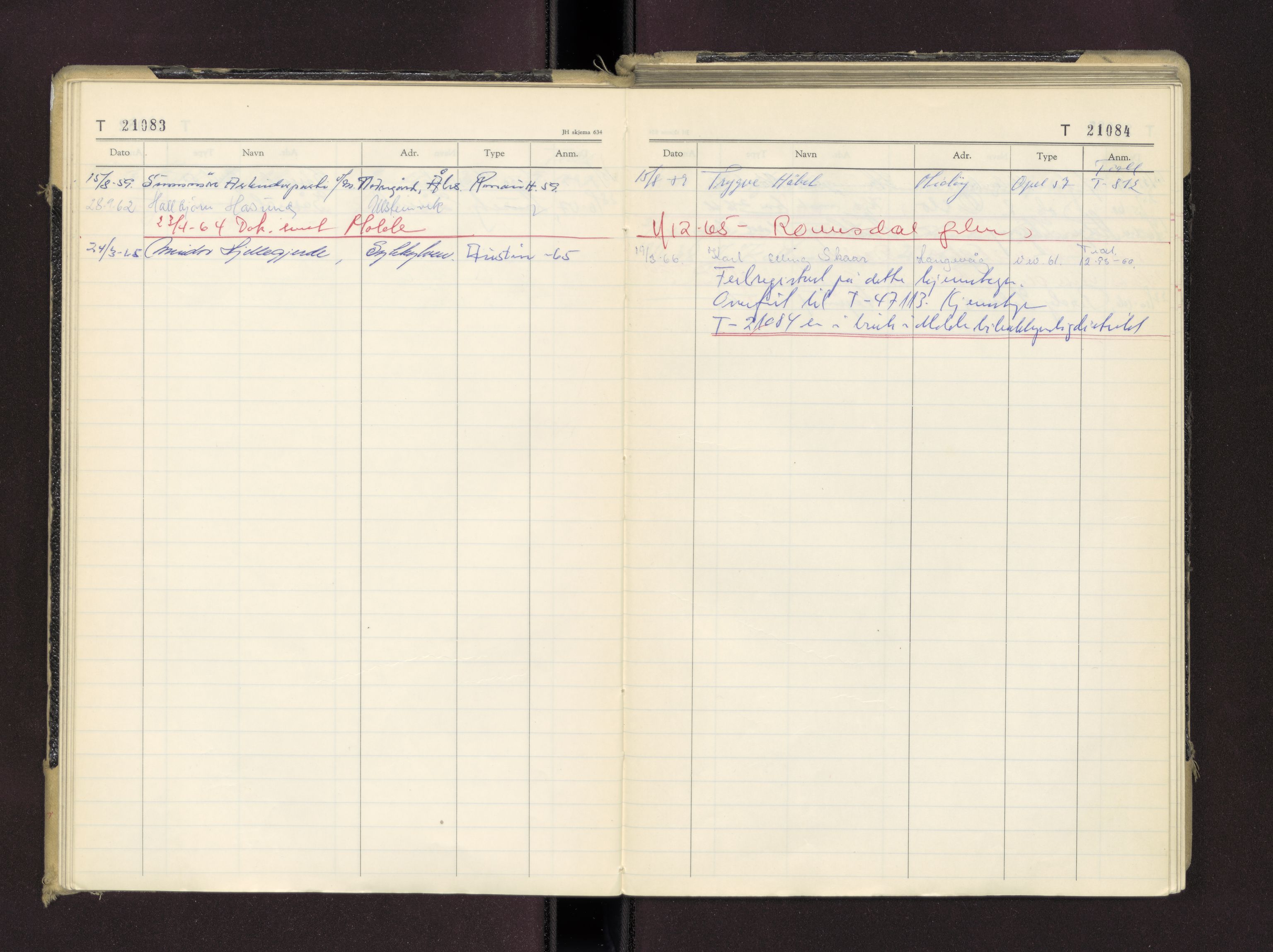 Møre og Romsdal vegkontor - Ålesund trafikkstasjon, AV/SAT-A-4099/F/Fc/L0016: Bilregister; T 21000 - T 21499, 1955-1970