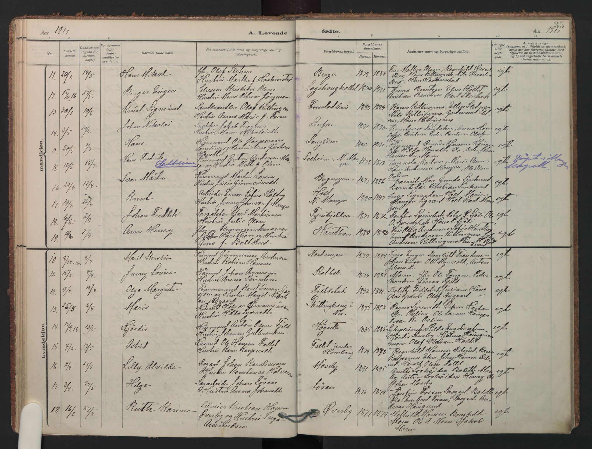 Aurskog prestekontor Kirkebøker, SAO/A-10304a/F/Fa/L0014: Parish register (official) no. I 14, 1911-1926, p. 35