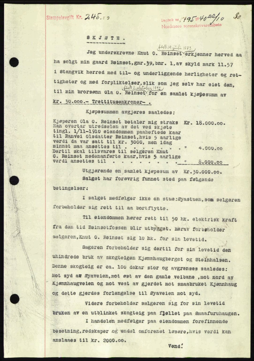 Nordmøre sorenskriveri, SAT/A-4132/1/2/2Ca: Mortgage book no. A89, 1940-1941, Diary no: : 1795/1940