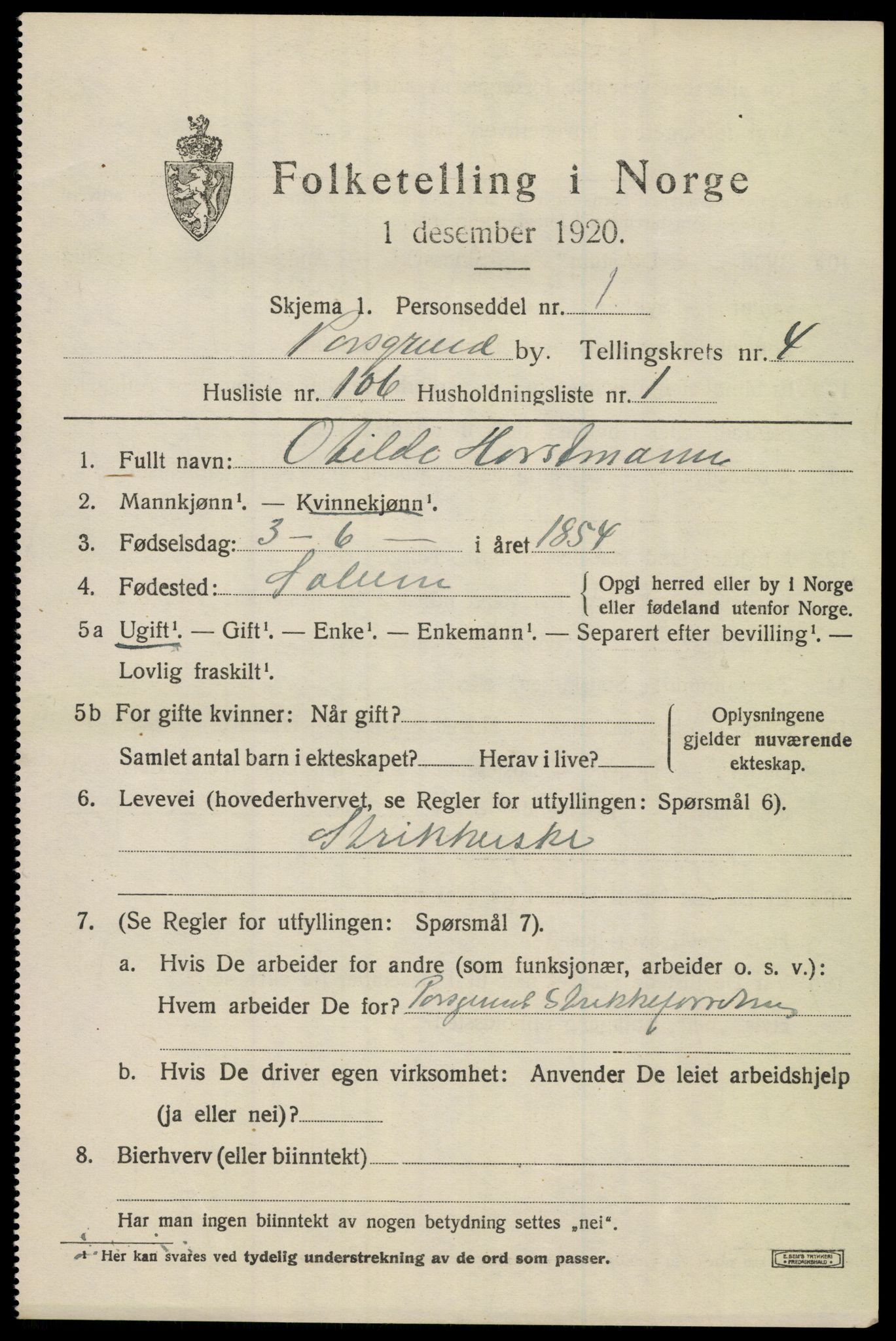SAKO, 1920 census for Porsgrunn, 1920, p. 19933