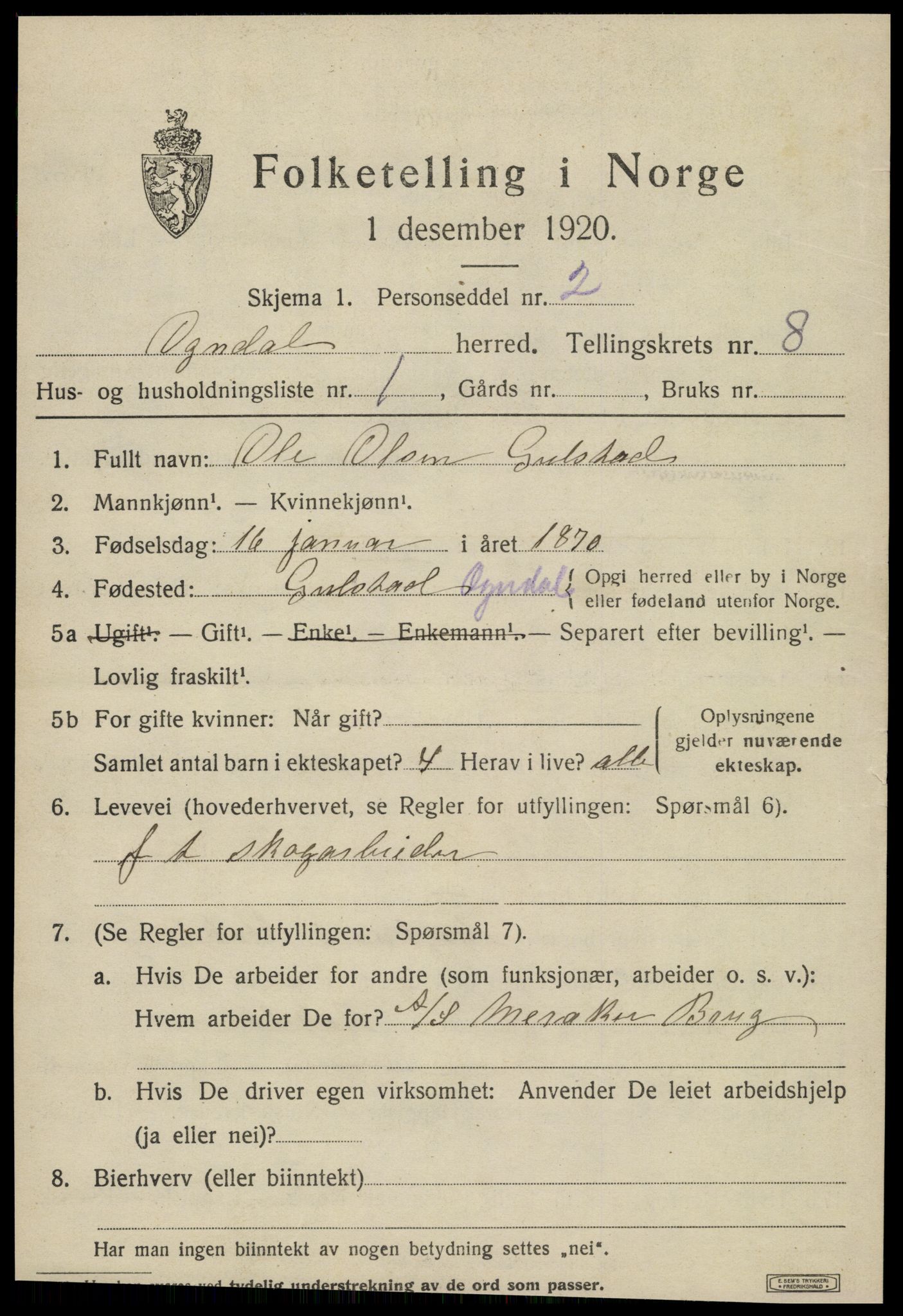 SAT, 1920 census for Ogndal, 1920, p. 3333