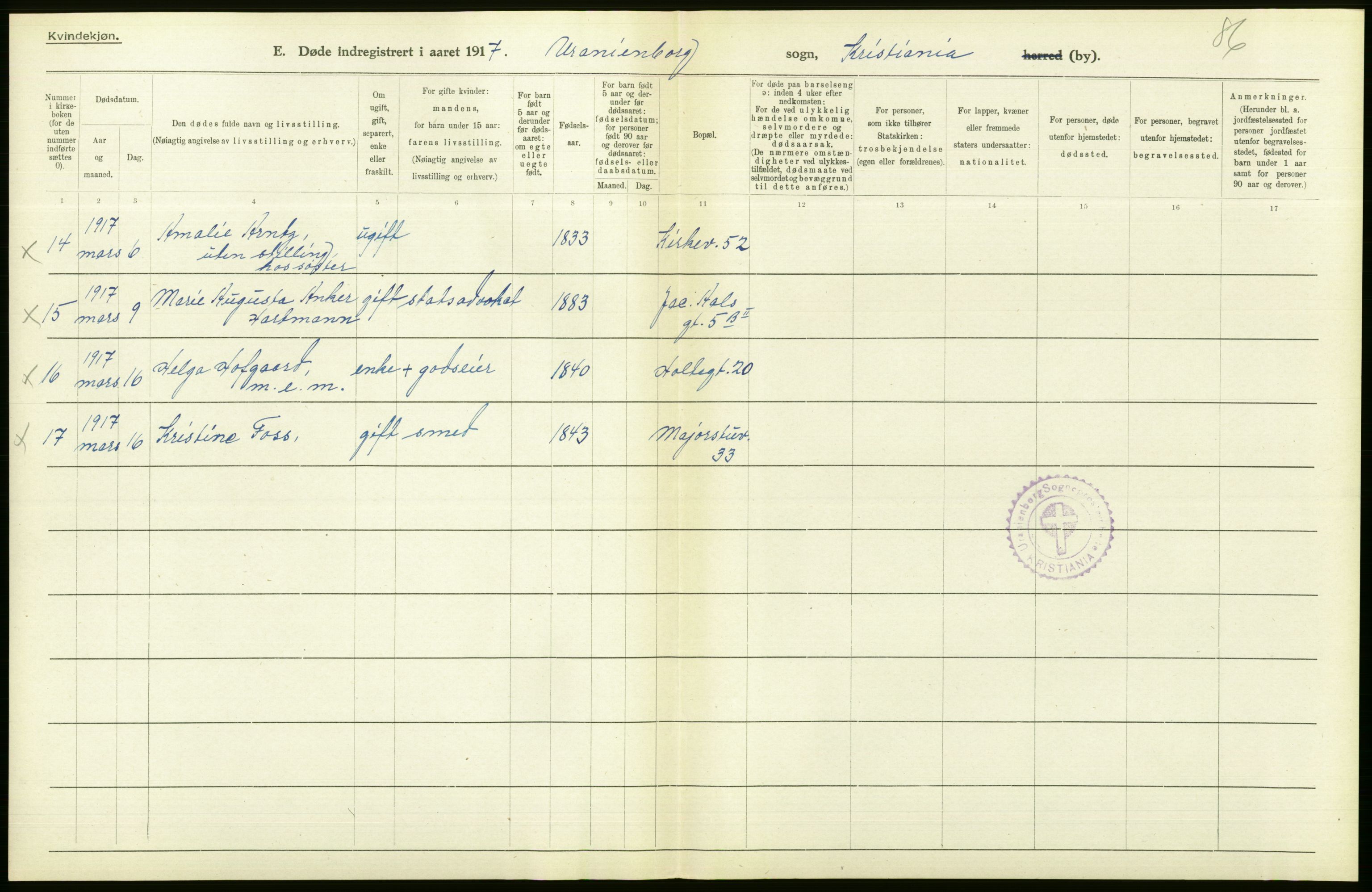 Statistisk sentralbyrå, Sosiodemografiske emner, Befolkning, AV/RA-S-2228/D/Df/Dfb/Dfbg/L0010: Kristiania: Døde, 1917, p. 270