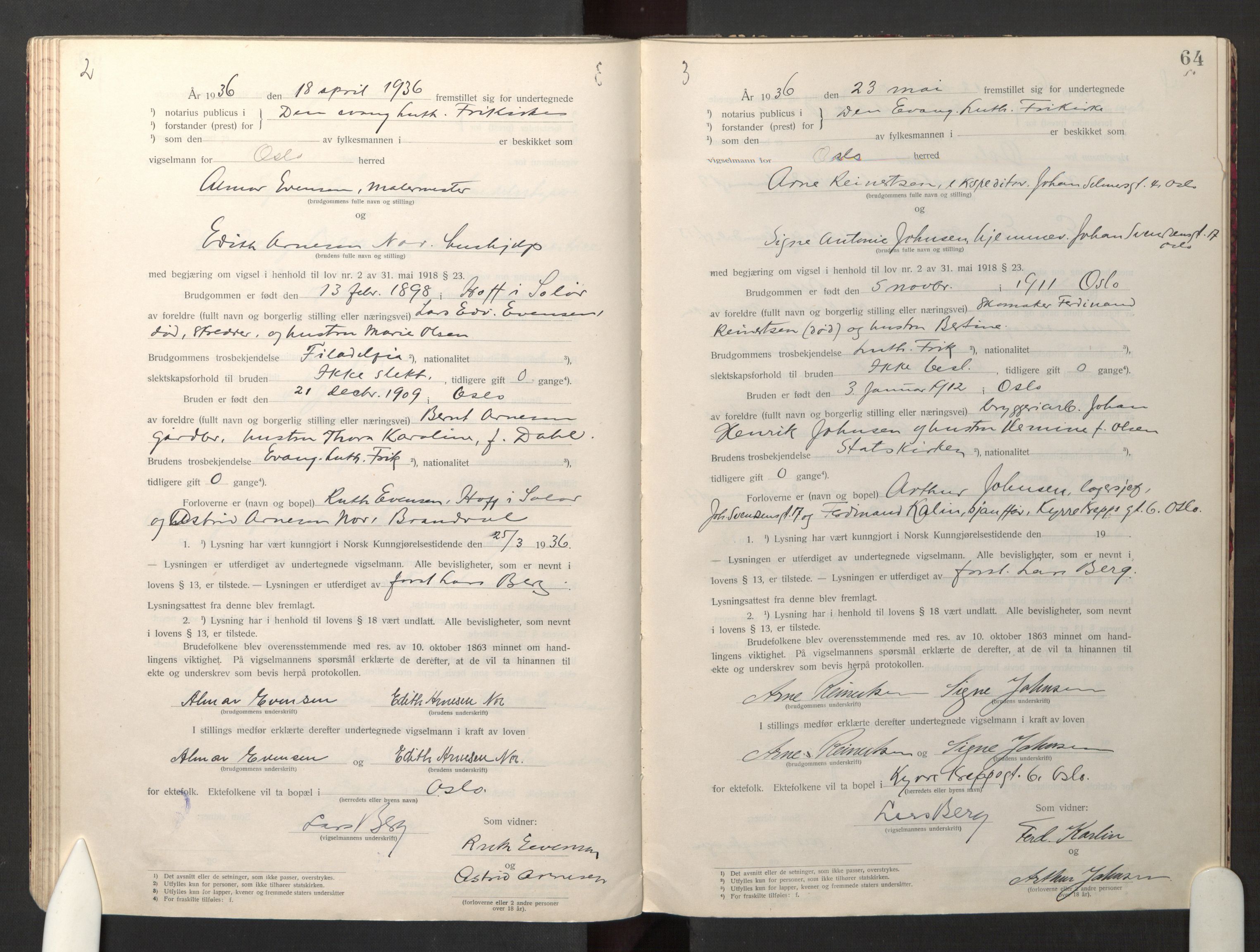 Den evangelisk-lutherske frikirke østre menighet, Oslo, AV/SAO-PAO-0245/F/L0005: Marriage register (dissenter) no. 5, 1920-1941, p. 64