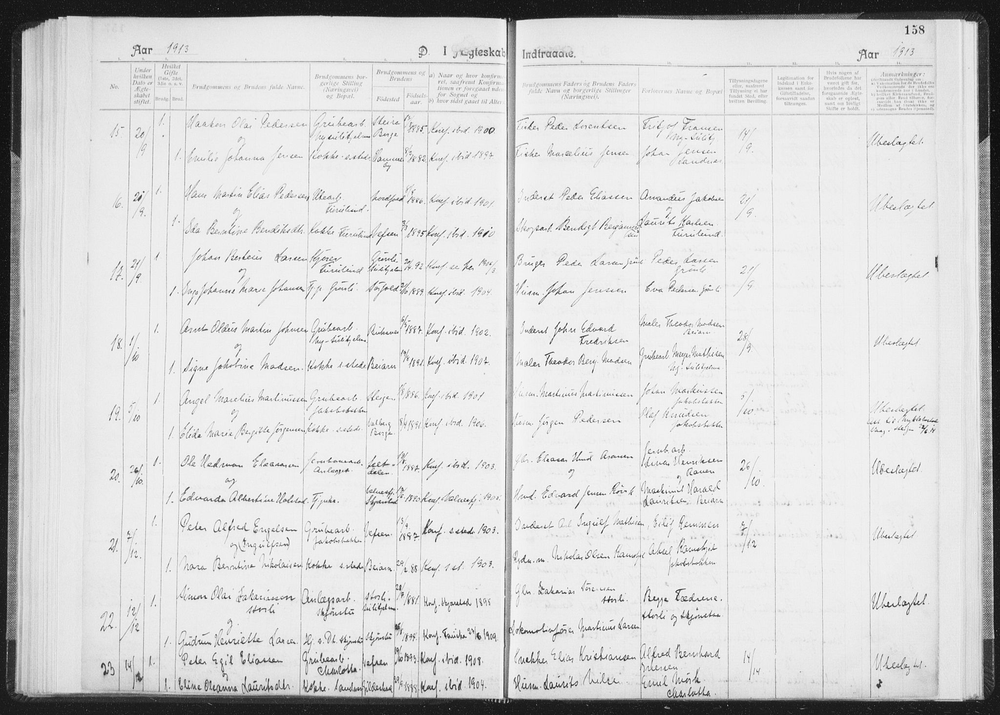 Ministerialprotokoller, klokkerbøker og fødselsregistre - Nordland, SAT/A-1459/850/L0711: Curate's parish register no. 850B01, 1902-1915, p. 158
