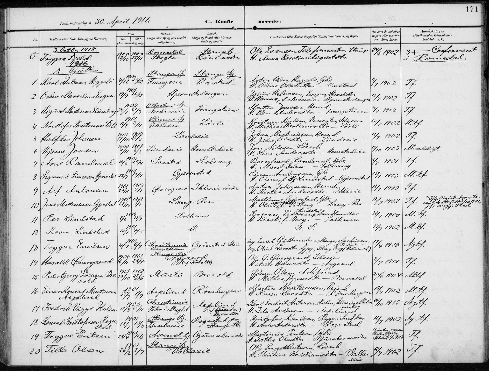 Stange prestekontor, SAH/PREST-002/K/L0024: Parish register (official) no. 24, 1906-1922, p. 171