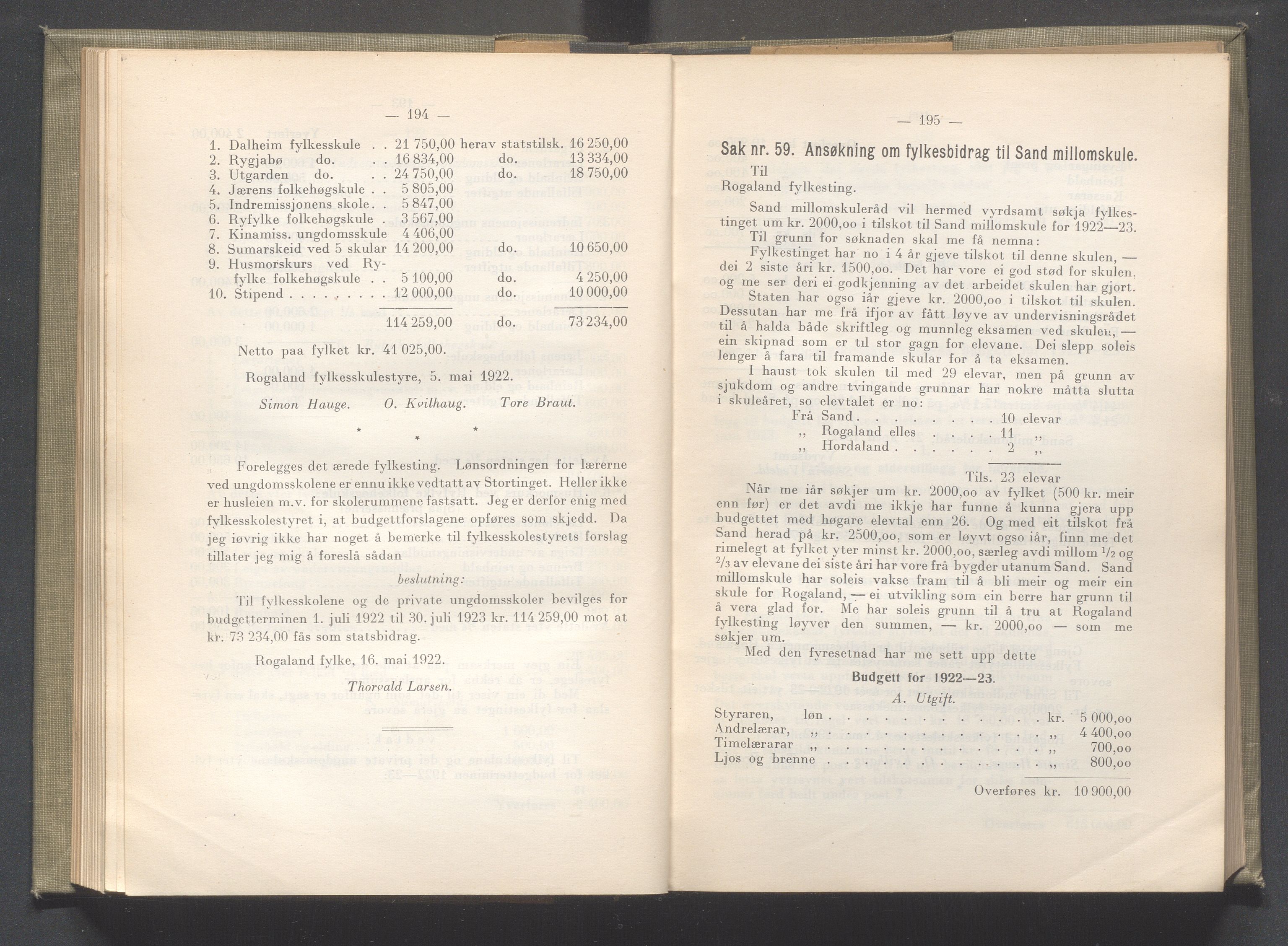 Rogaland fylkeskommune - Fylkesrådmannen , IKAR/A-900/A/Aa/Aaa/L0041: Møtebok , 1922, p. 194-195