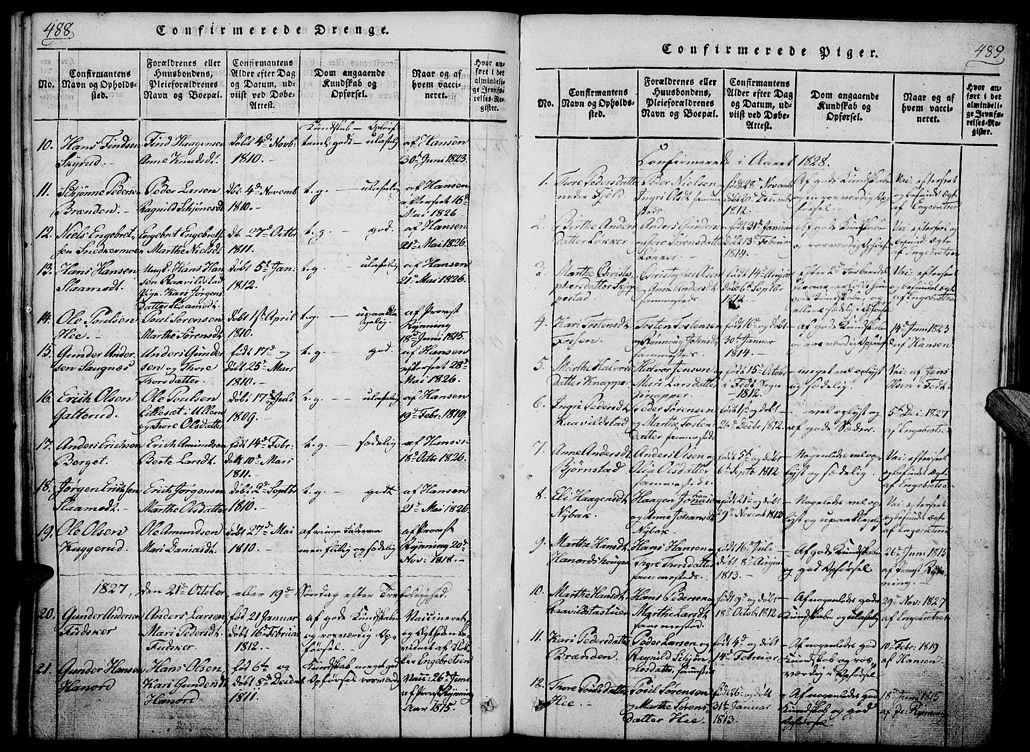 Nord-Odal prestekontor, AV/SAH-PREST-032/H/Ha/Haa/L0001: Parish register (official) no. 1, 1819-1838, p. 488-489