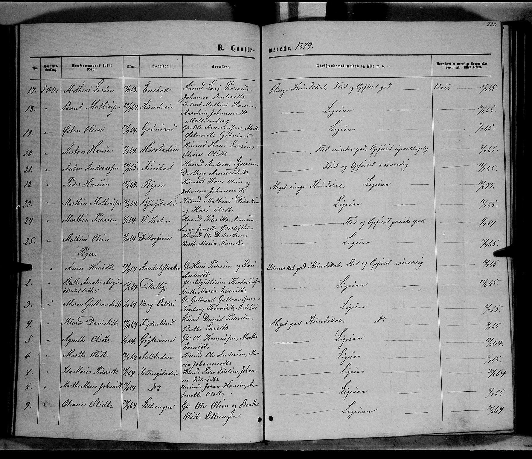 Vardal prestekontor, SAH/PREST-100/H/Ha/Hab/L0006: Parish register (copy) no. 6, 1869-1881, p. 223