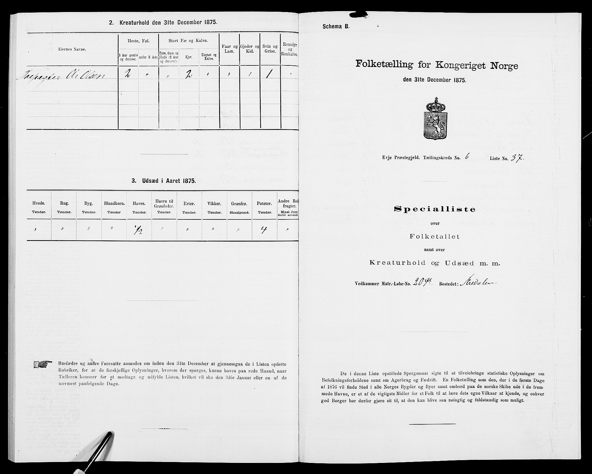 SAK, 1875 census for 0934P Evje, 1875, p. 582