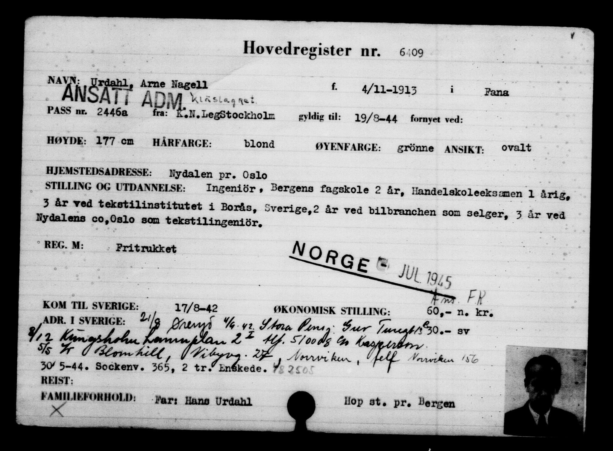 Utenriksstasjonene, Legasjonen i Stockholm, Flyktningkontoret, AV/RA-S-6753/V/Va/L0004: Kjesäterkartoteket, flyktninger med registreringsnr. 3496-6610, 1940-1945, p. 3446
