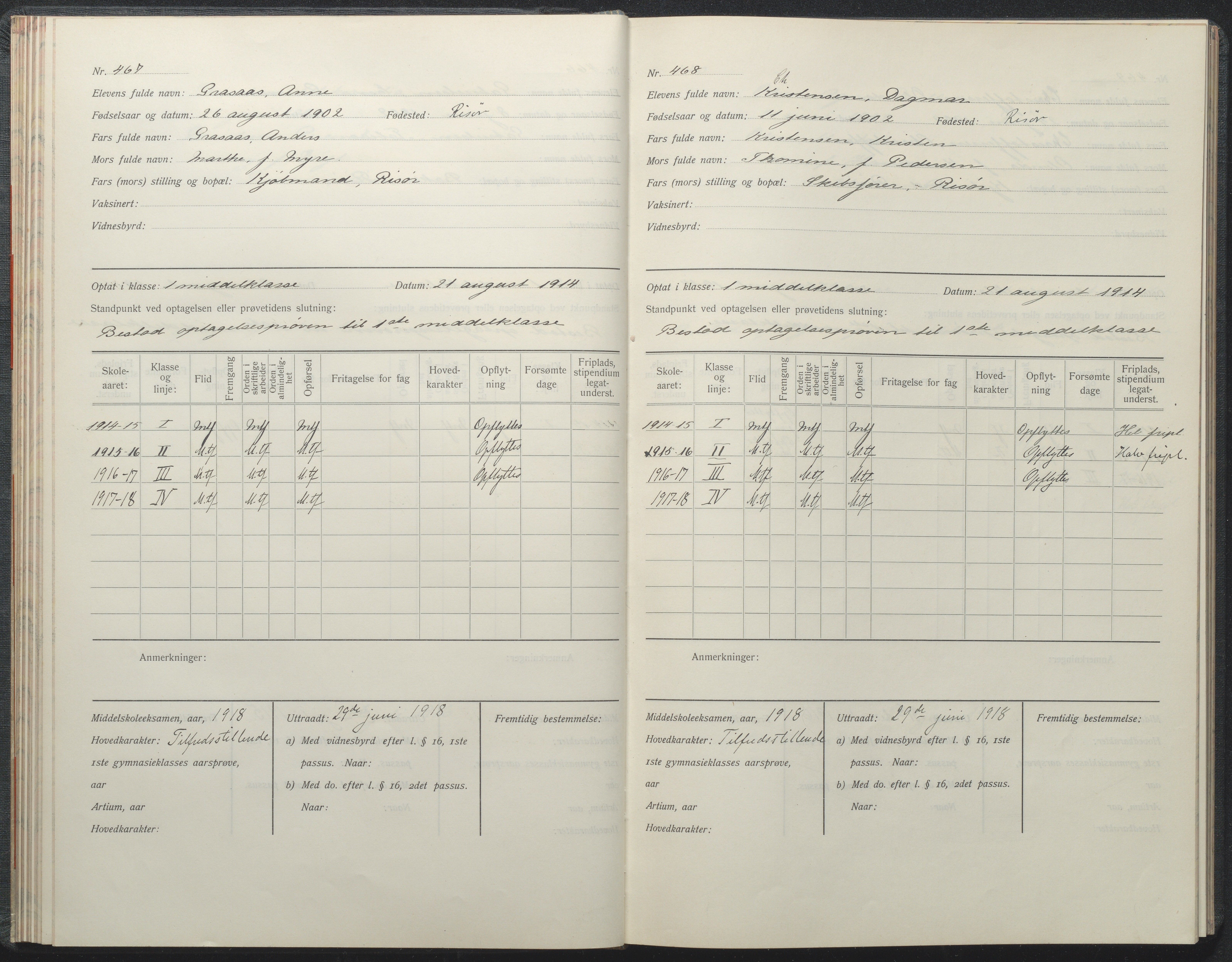 Risør kommune, AAKS/KA0901-PK/1/05/05i/L0002: Manntallsprotokoll, 1911-1925, p. 467-468
