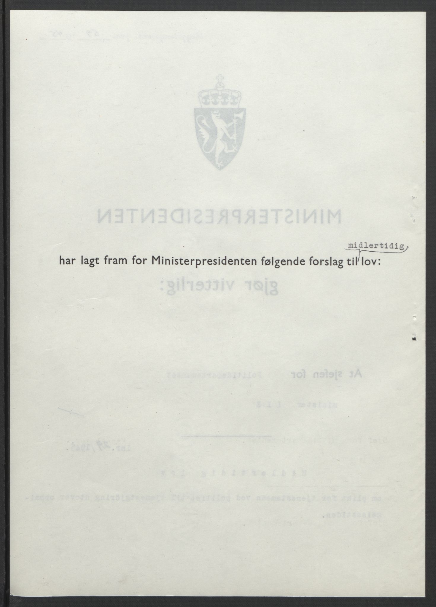 NS-administrasjonen 1940-1945 (Statsrådsekretariatet, de kommisariske statsråder mm), AV/RA-S-4279/D/Db/L0101/0001: -- / Lover og vedtak, 1945, p. 122