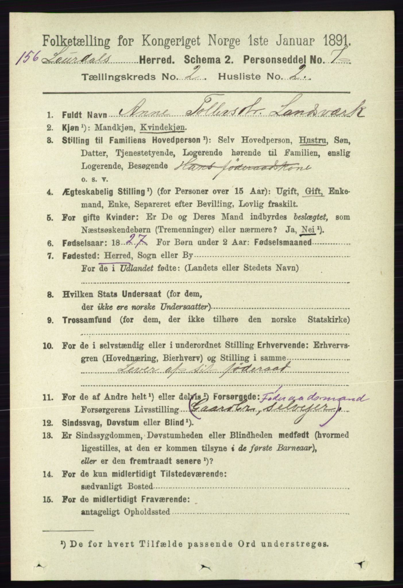 RA, 1891 census for 0833 Lårdal, 1891, p. 615