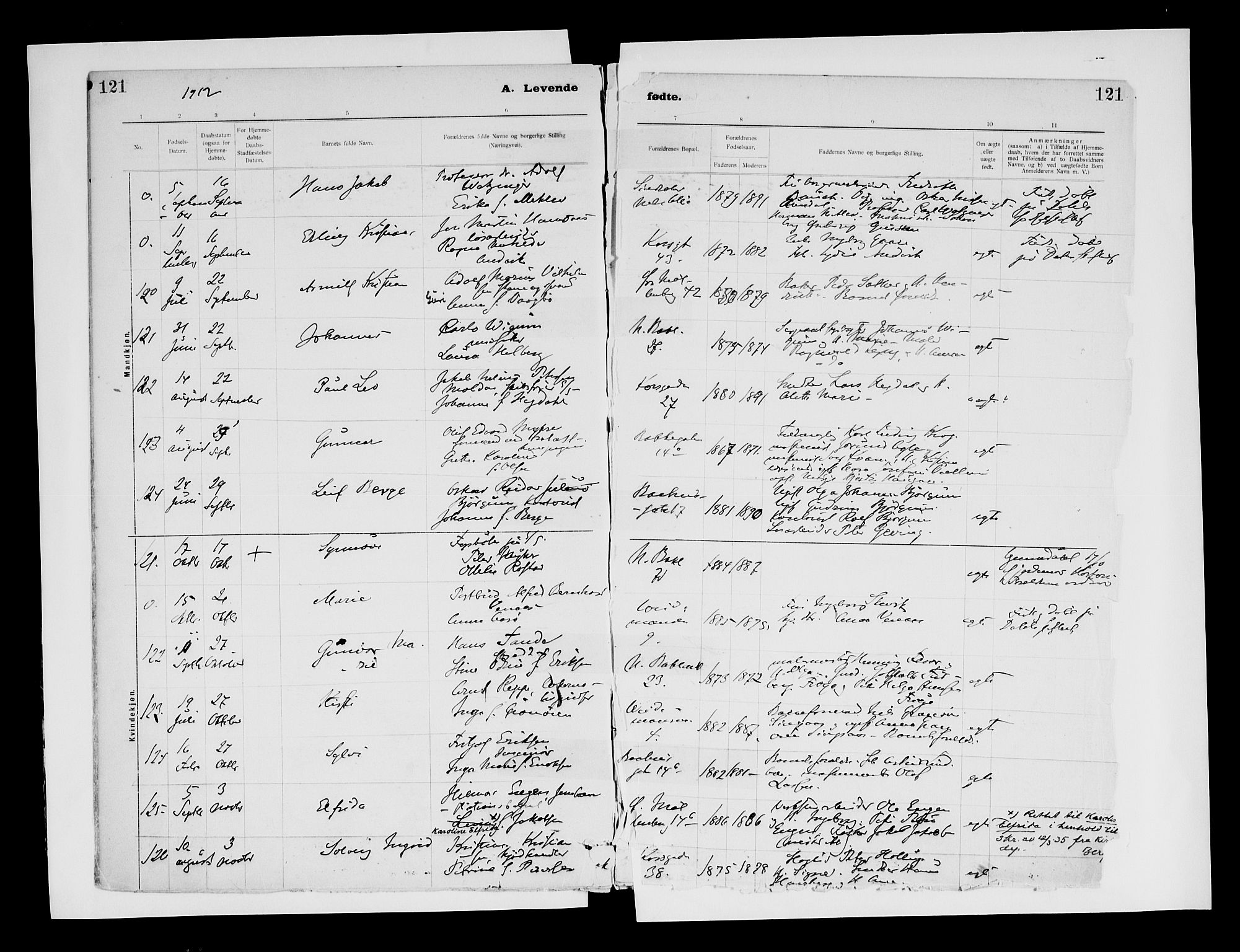 Ministerialprotokoller, klokkerbøker og fødselsregistre - Sør-Trøndelag, SAT/A-1456/604/L0203: Parish register (official) no. 604A23, 1908-1916, p. 121