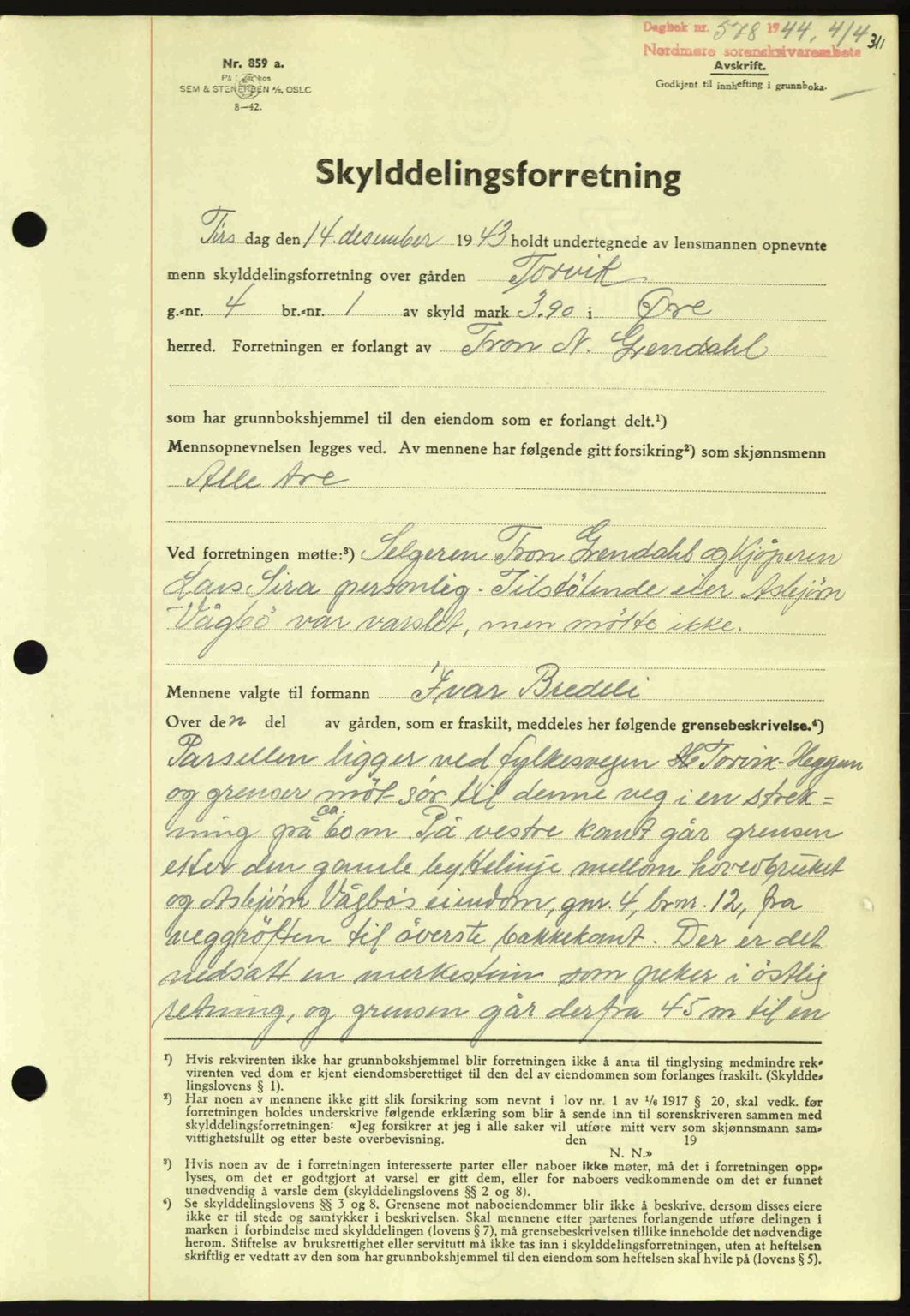 Nordmøre sorenskriveri, AV/SAT-A-4132/1/2/2Ca: Mortgage book no. A97, 1944-1944, Diary no: : 578/1944