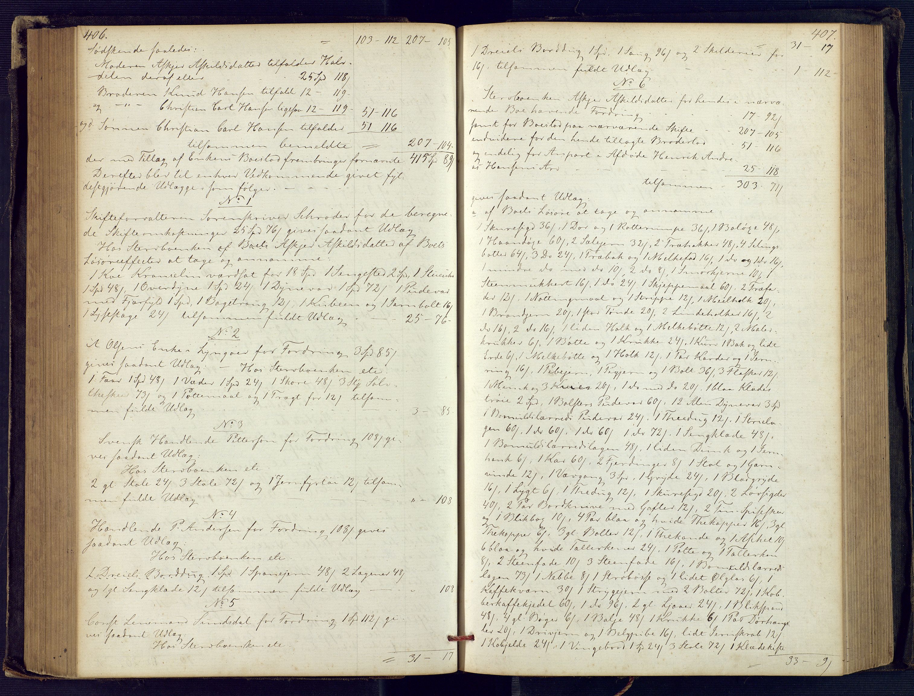 Holt sorenskriveri, SAK/1221-0002/H/Hc/L0029: Skifteutlodningsprotokoll nr. 4 med løst register, 1857-1862, p. 406-407
