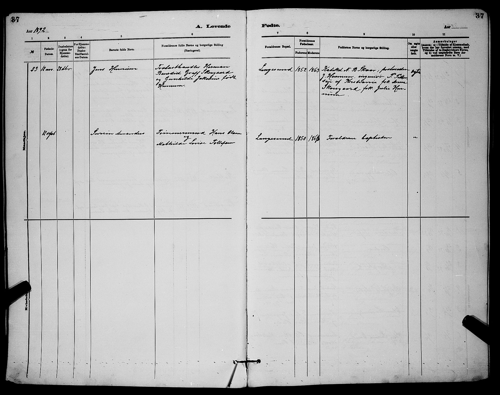 Langesund kirkebøker, AV/SAKO-A-280/G/Ga/L0005: Parish register (copy) no. 5, 1884-1898, p. 37