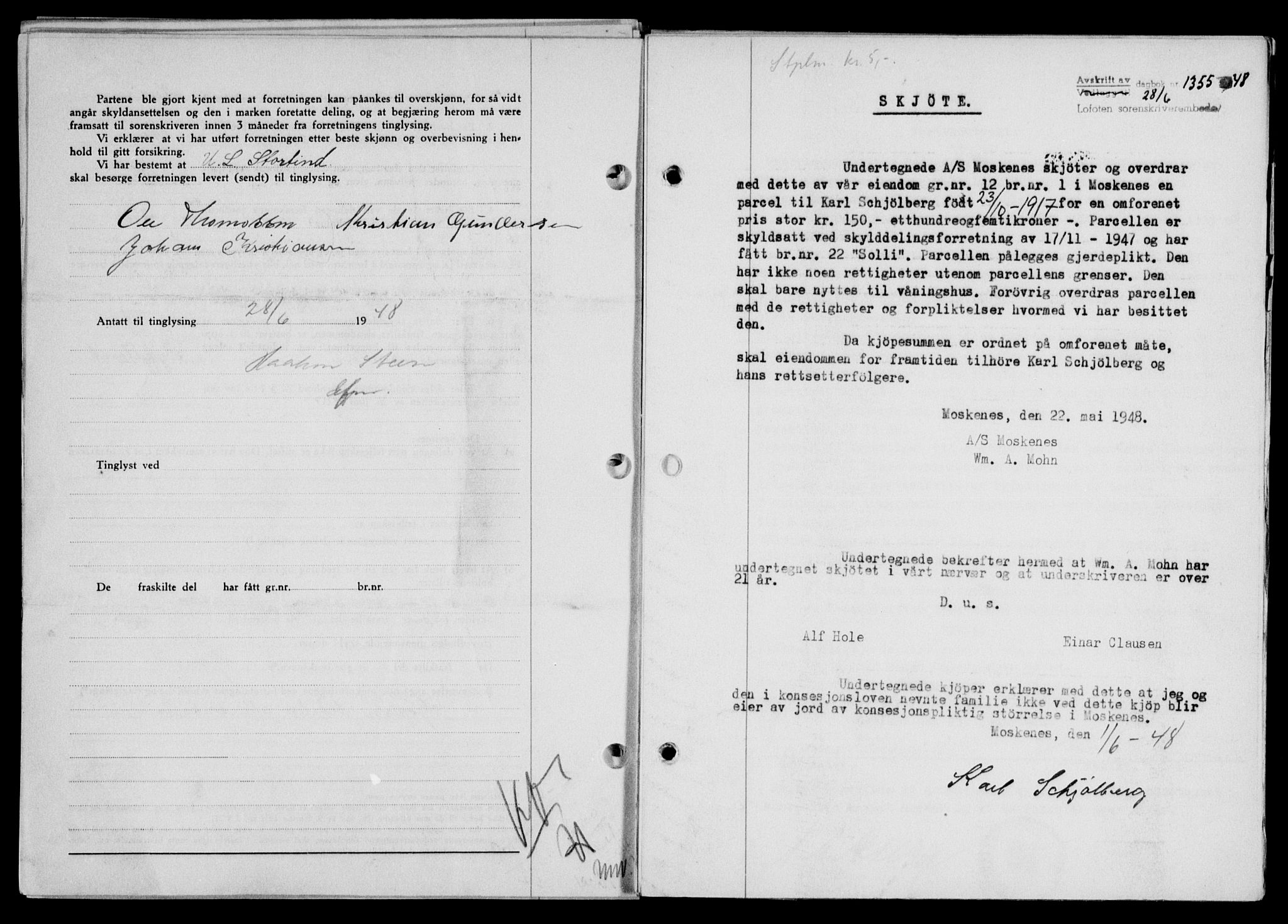 Lofoten sorenskriveri, SAT/A-0017/1/2/2C/L0018a: Mortgage book no. 18a, 1948-1948, Diary no: : 1355/1948