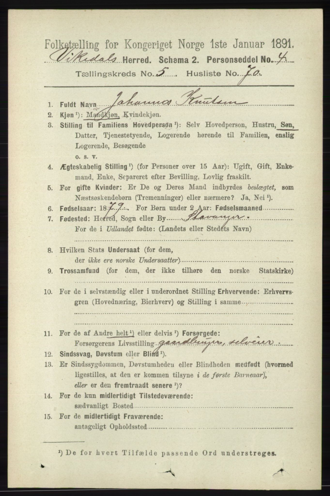 RA, 1891 census for 1157 Vikedal, 1891, p. 1484