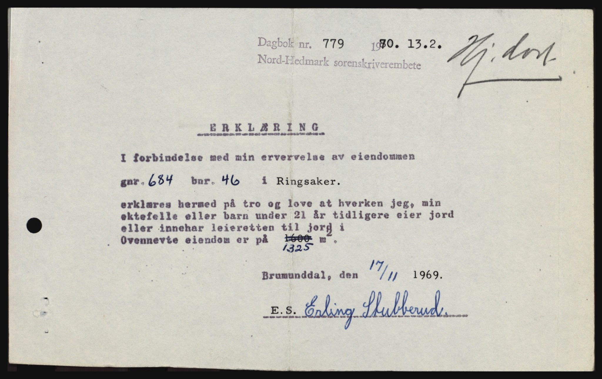 Nord-Hedmark sorenskriveri, SAH/TING-012/H/Hc/L0033: Mortgage book no. 33, 1970-1970, Diary no: : 779/1970