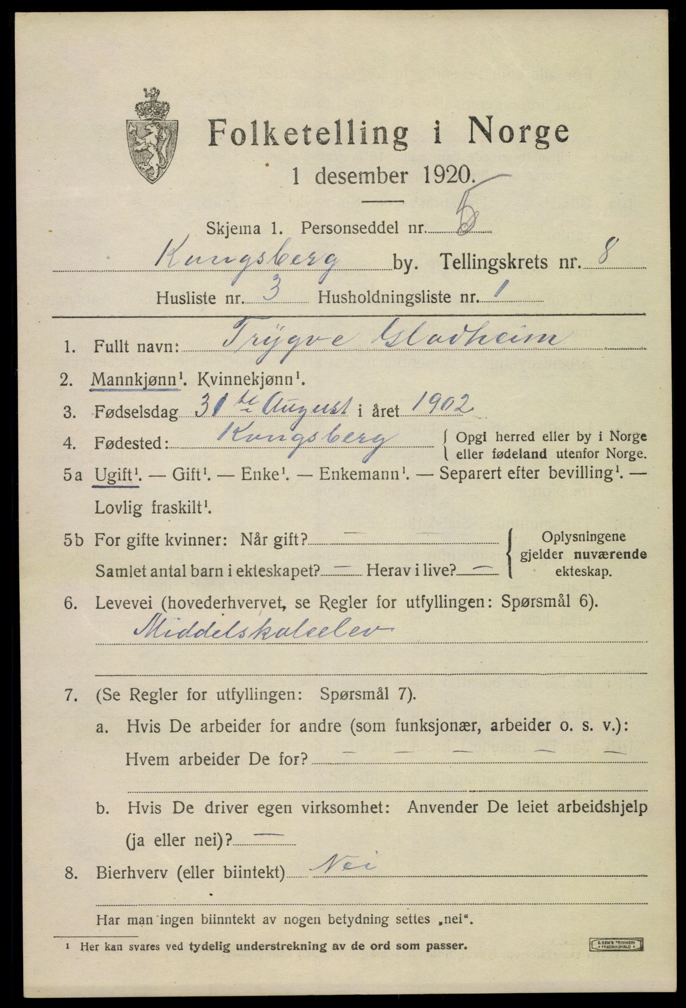 SAKO, 1920 census for Kongsberg, 1920, p. 15878