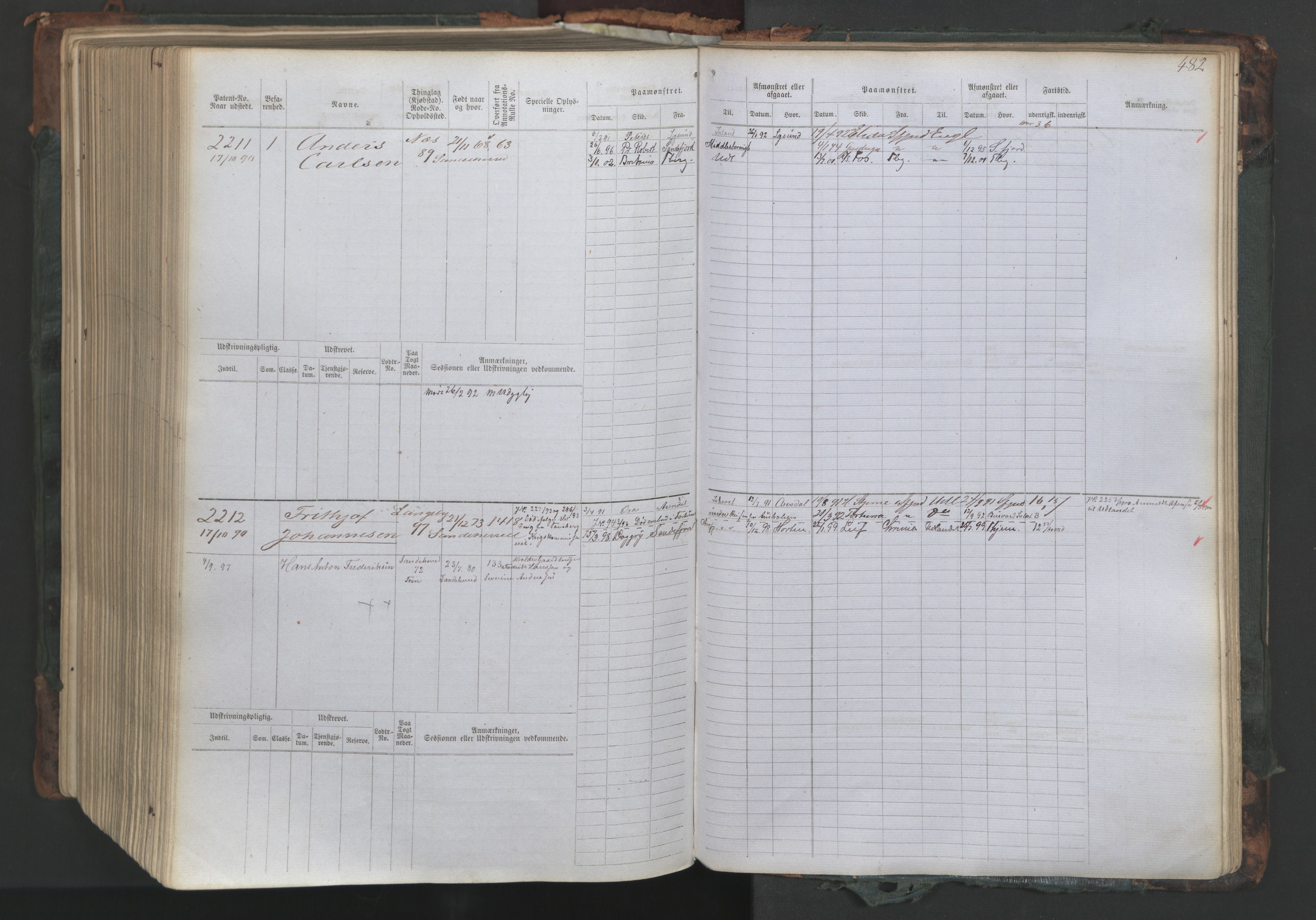 Sandefjord innrulleringskontor, SAKO/A-788/F/Fb/L0007: Hovedrulle, 1887, p. 482