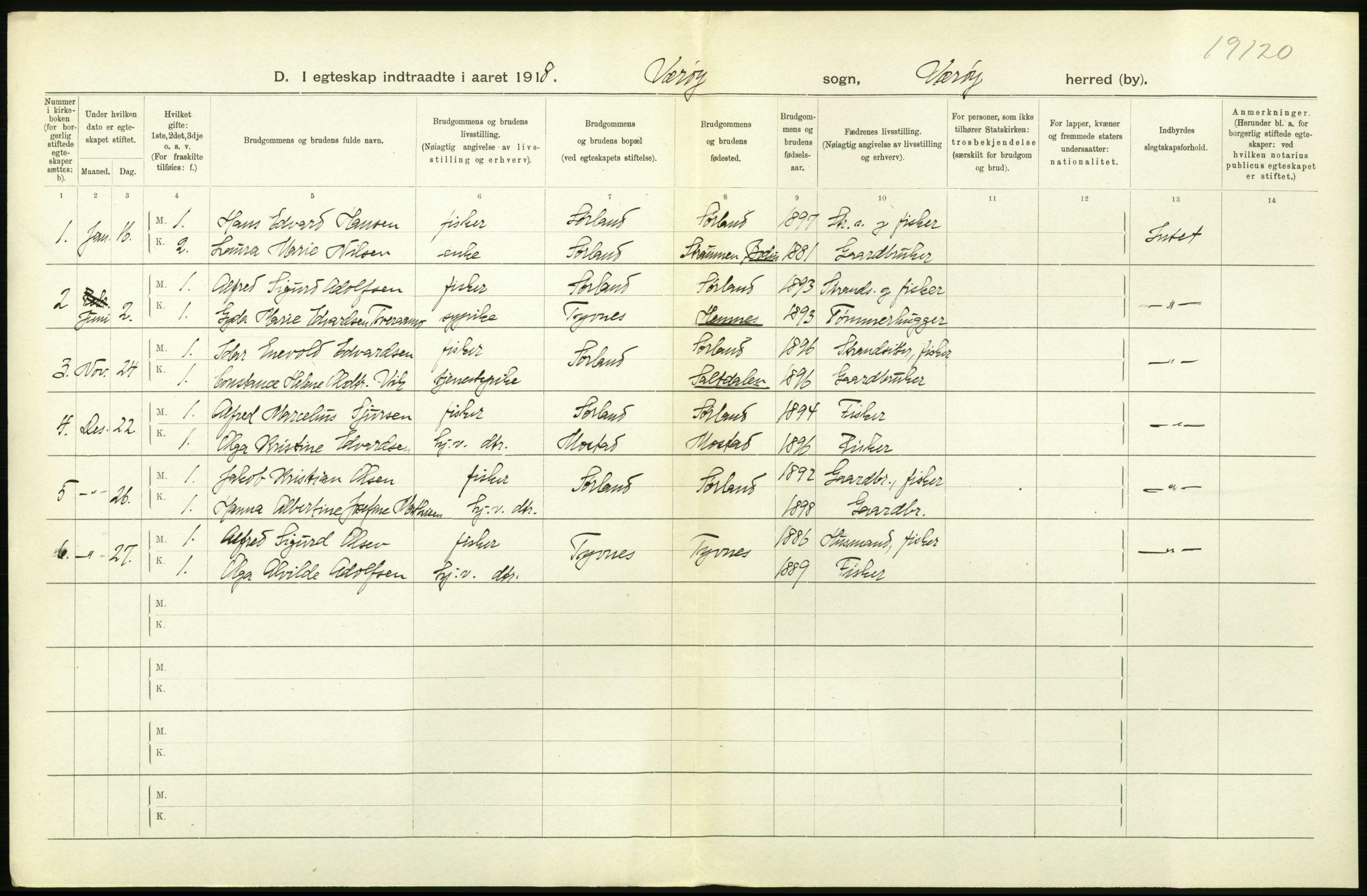 Statistisk sentralbyrå, Sosiodemografiske emner, Befolkning, AV/RA-S-2228/D/Df/Dfb/Dfbh/L0054: Nordland fylke: Gifte, dødfødte. Bygder og byer., 1918, p. 274