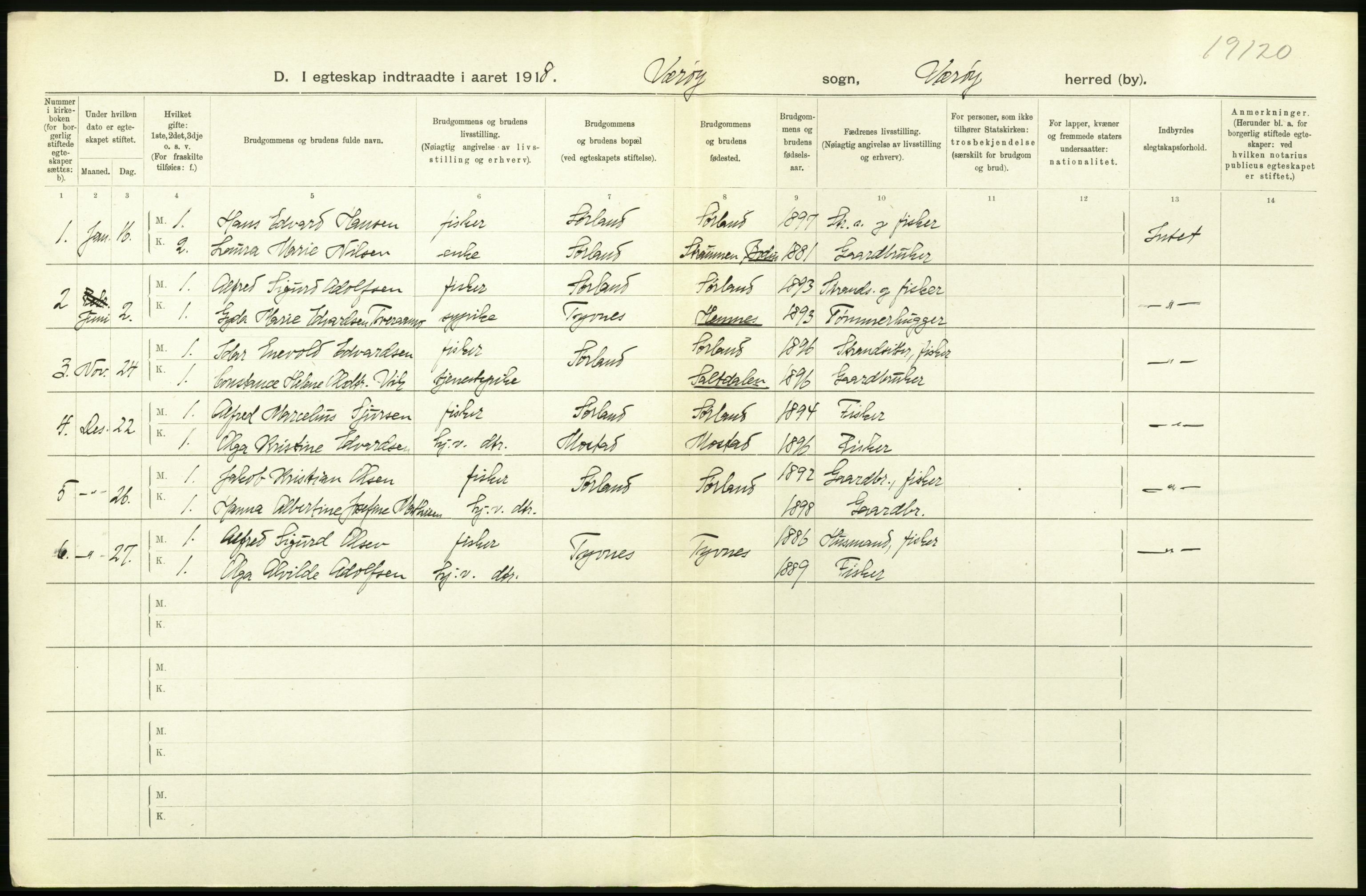 Statistisk sentralbyrå, Sosiodemografiske emner, Befolkning, RA/S-2228/D/Df/Dfb/Dfbh/L0054: Nordland fylke: Gifte, dødfødte. Bygder og byer., 1918, p. 274