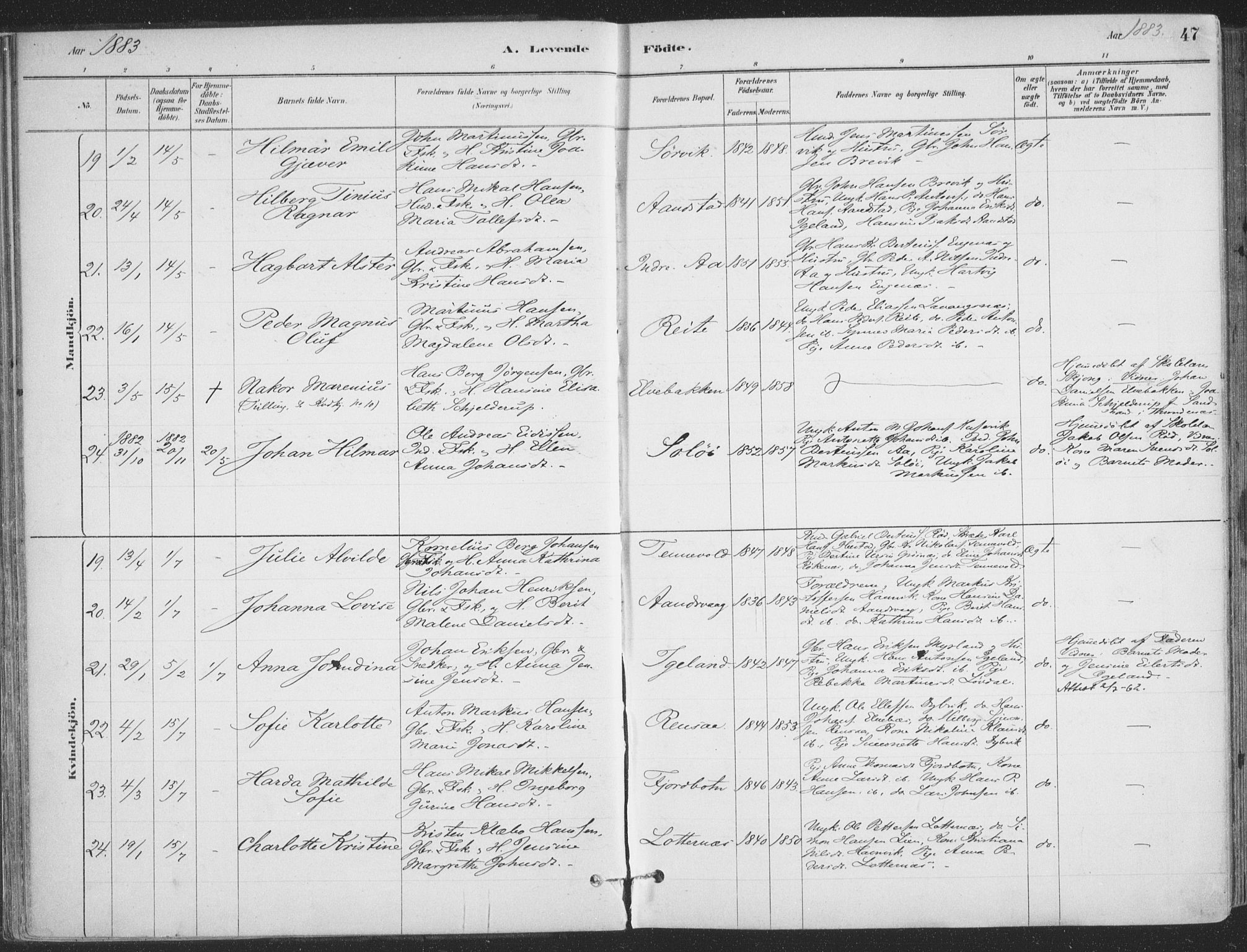 Ibestad sokneprestembete, SATØ/S-0077/H/Ha/Haa/L0011kirke: Parish register (official) no. 11, 1880-1889, p. 47