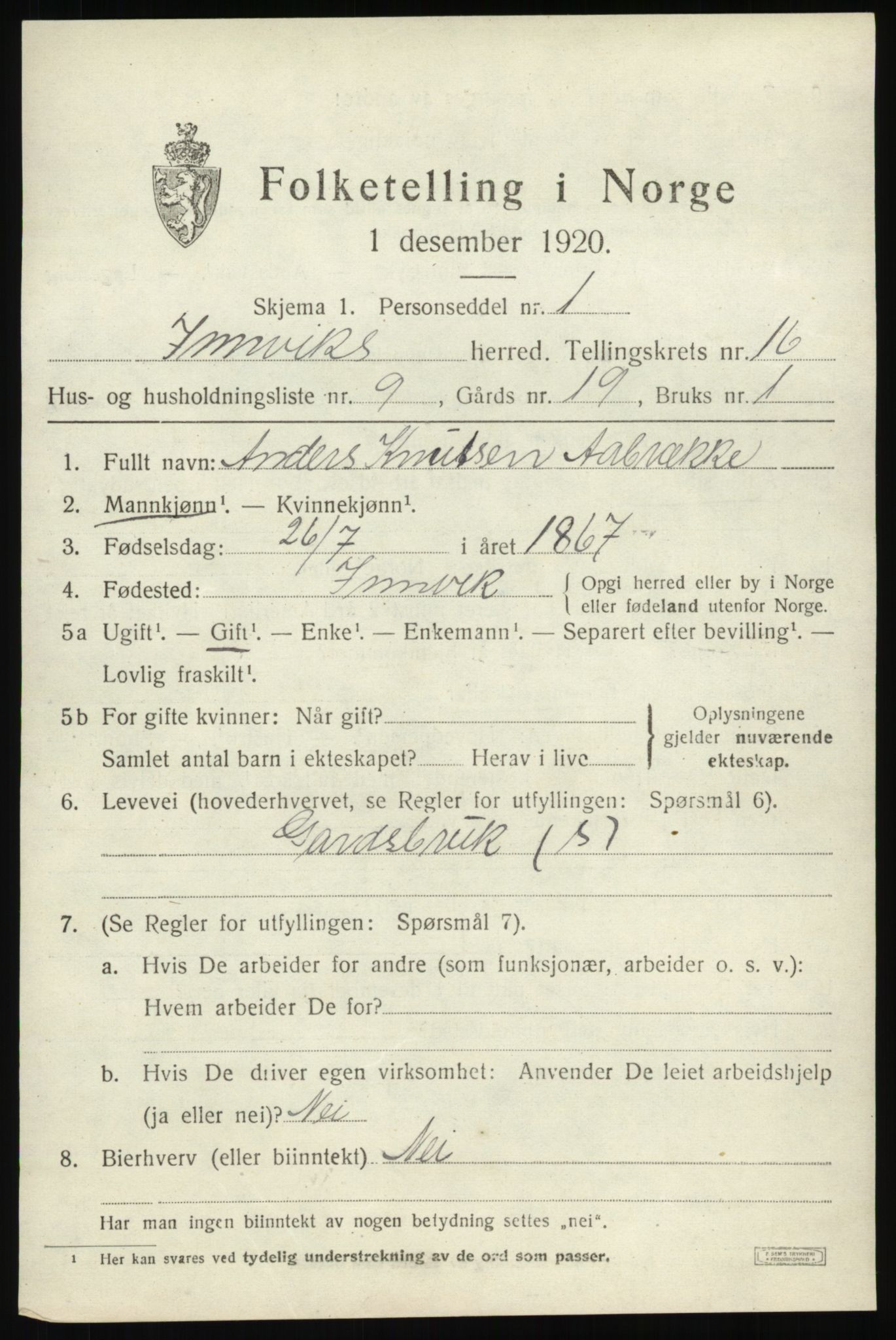 SAB, 1920 census for Innvik, 1920, p. 6541