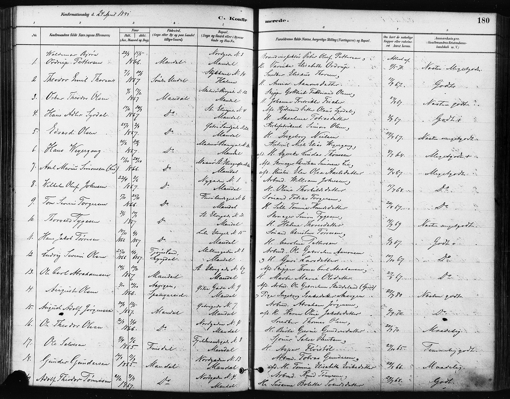 Mandal sokneprestkontor, AV/SAK-1111-0030/F/Fa/Faa/L0016: Parish register (official) no. A 16, 1880-1890, p. 180