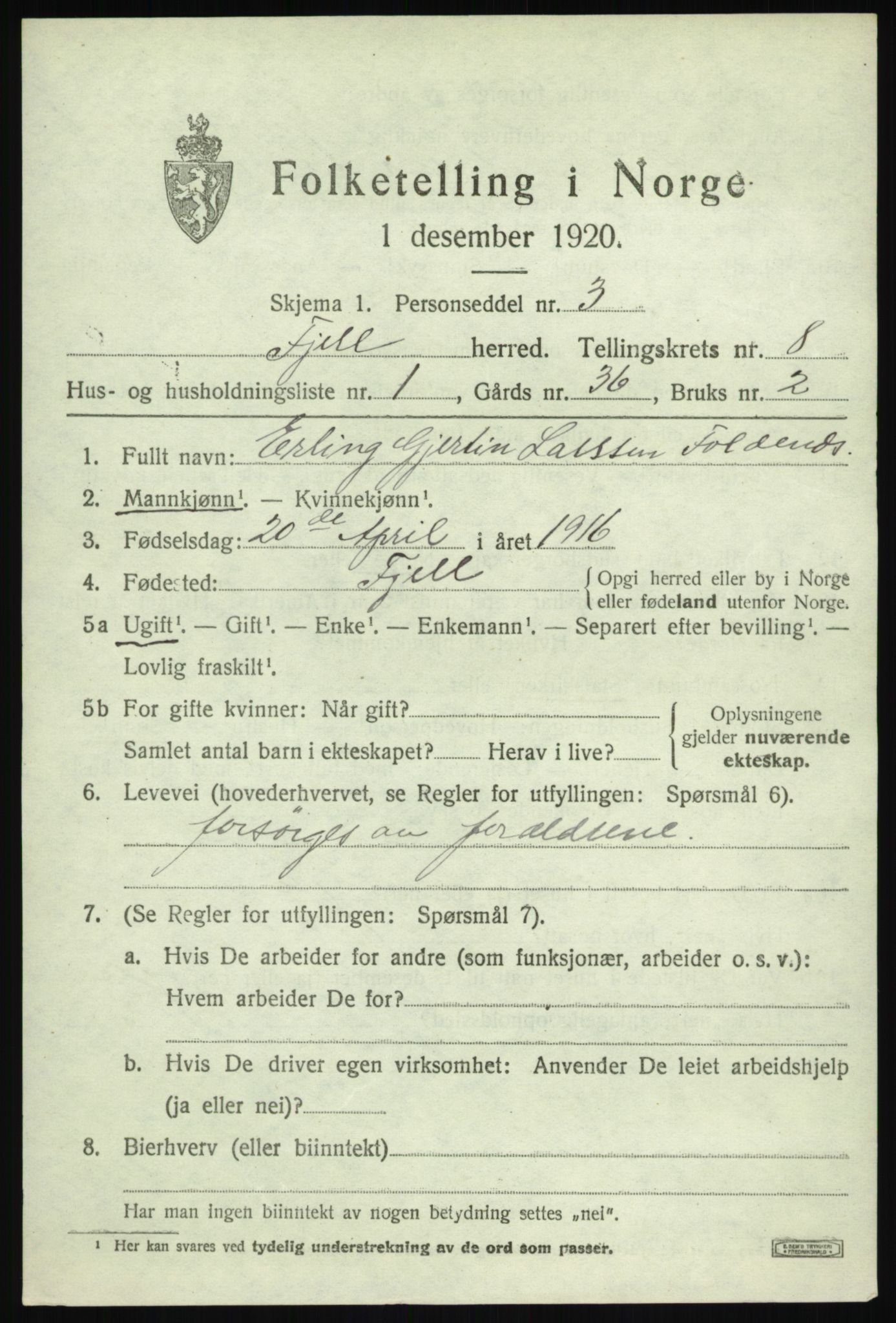 SAB, 1920 census for Fjell, 1920, p. 7122