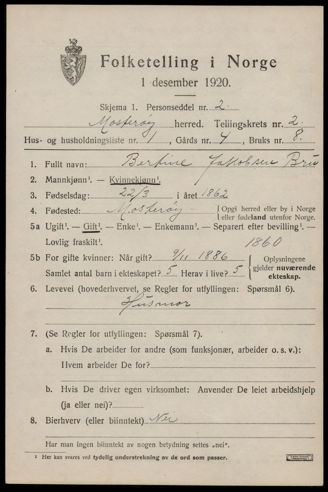 SAST, 1920 census for Mosterøy, 1920, p. 748