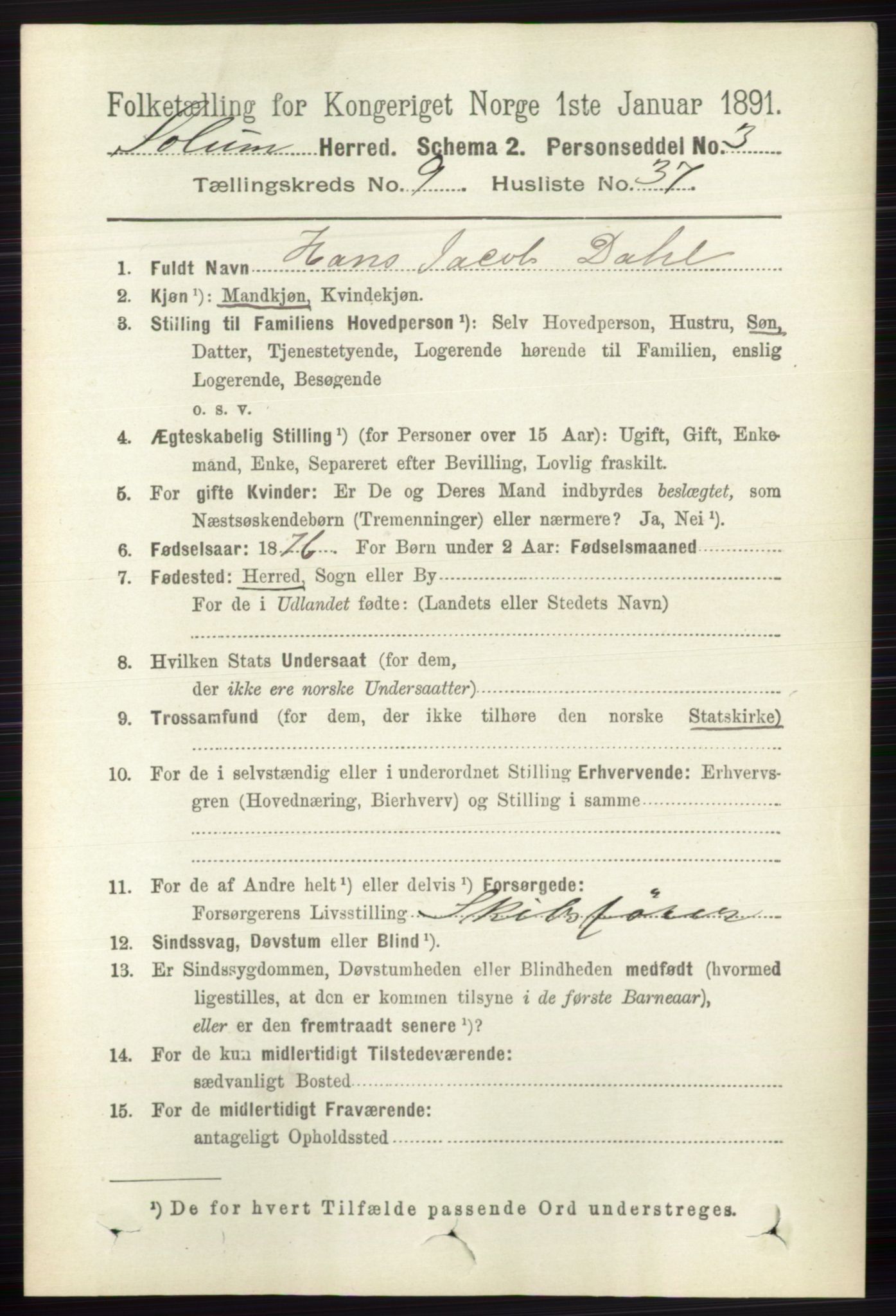 RA, 1891 census for 0818 Solum, 1891, p. 2165