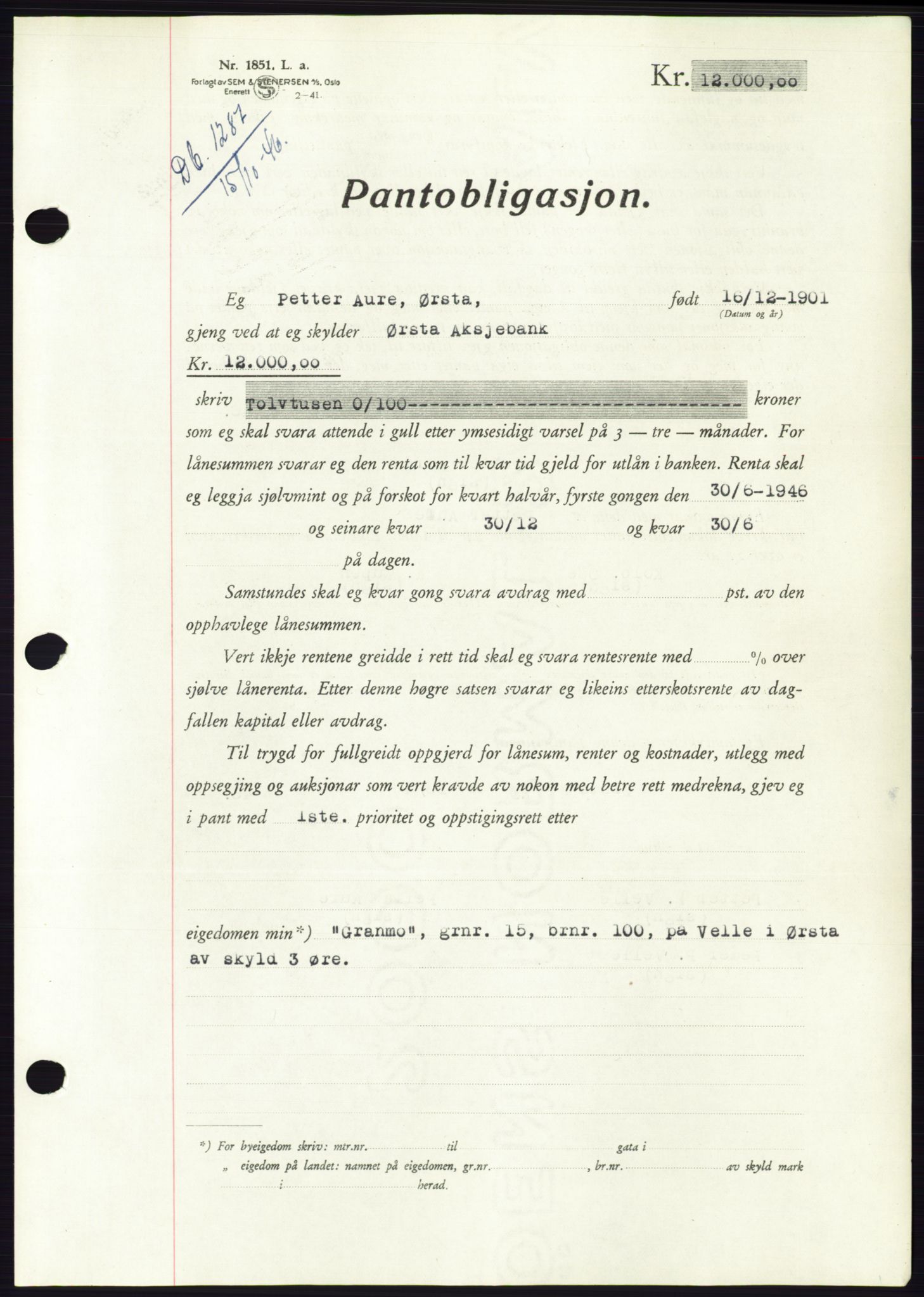 Søre Sunnmøre sorenskriveri, AV/SAT-A-4122/1/2/2C/L0114: Mortgage book no. 1-2B, 1943-1947, Diary no: : 1287/1946
