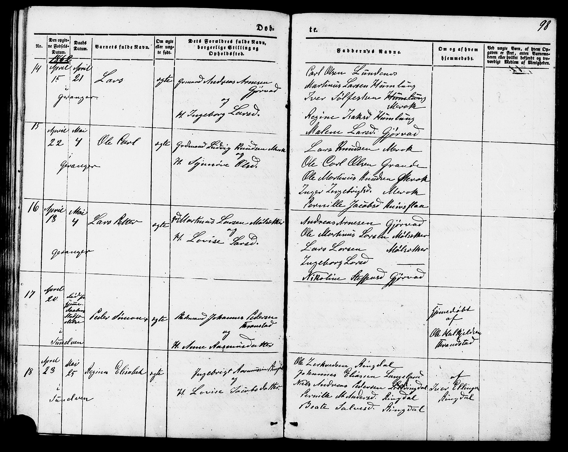 Ministerialprotokoller, klokkerbøker og fødselsregistre - Møre og Romsdal, AV/SAT-A-1454/517/L0222: Parish register (official) no. 517A02, 1846-1862, p. 98