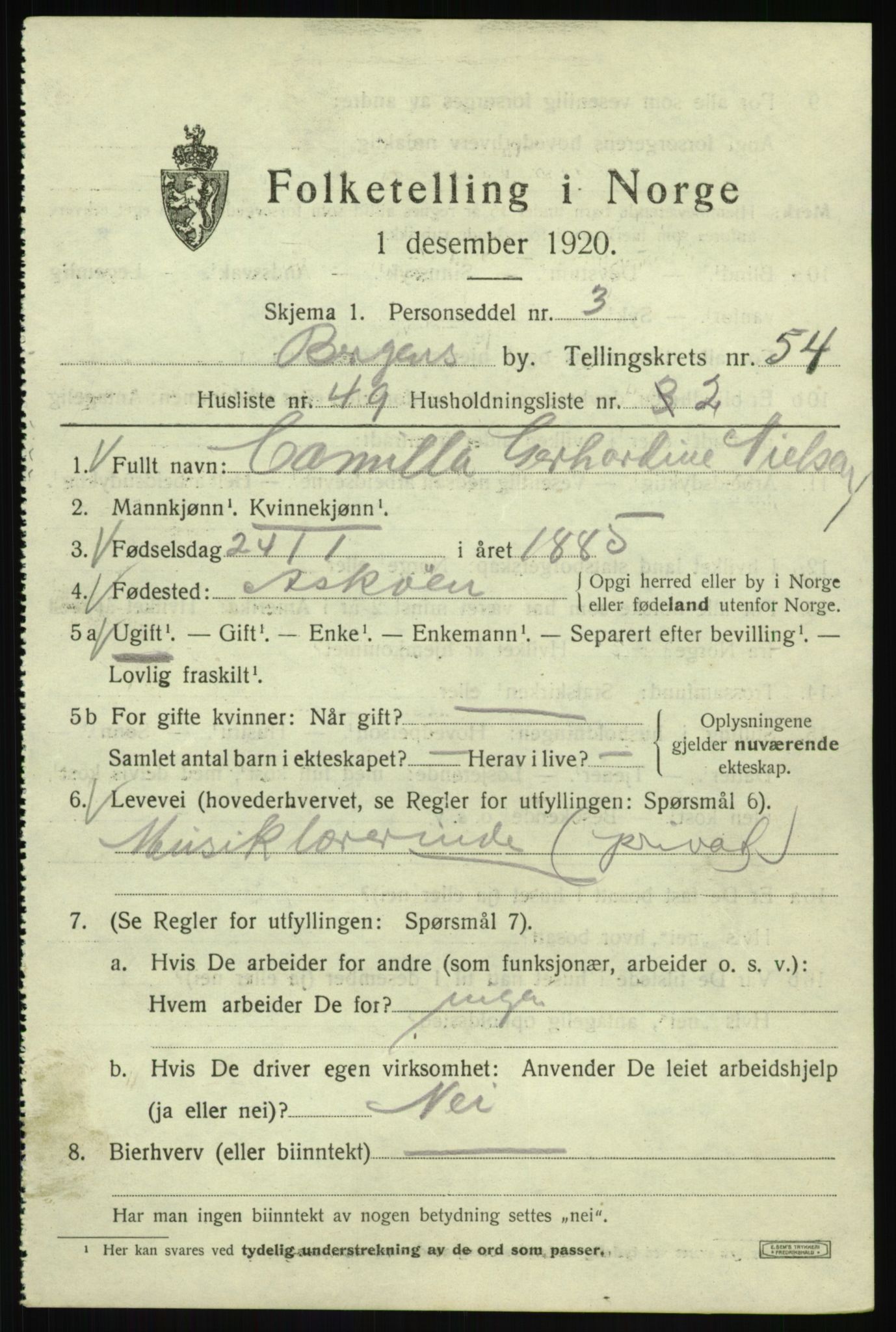 SAB, 1920 census for Bergen, 1920, p. 123701