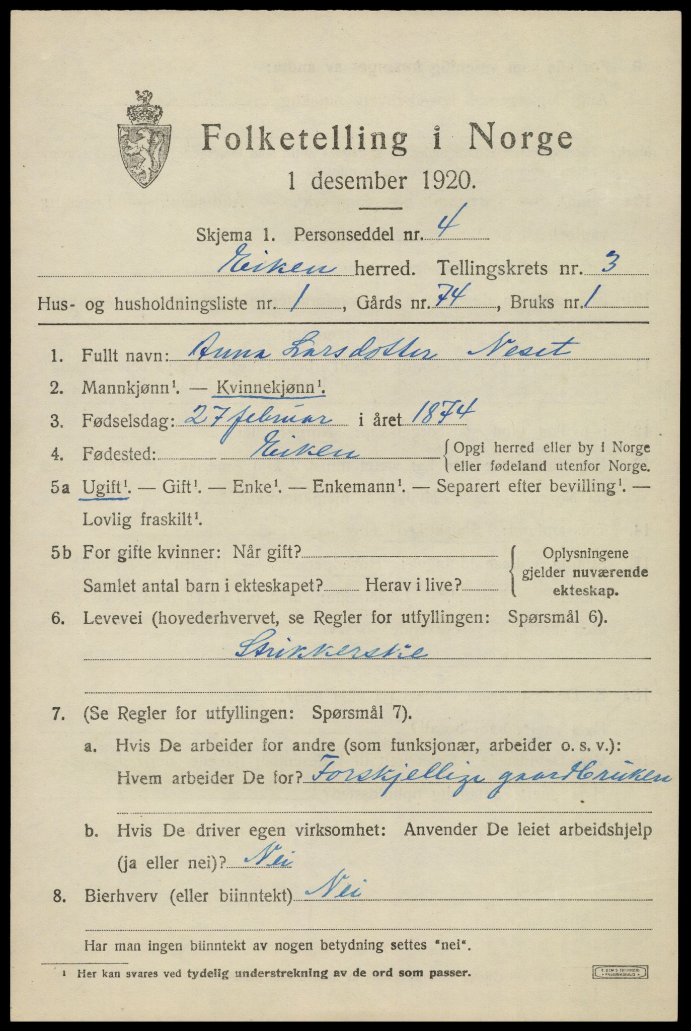 SAK, 1920 census for Eiken, 1920, p. 943