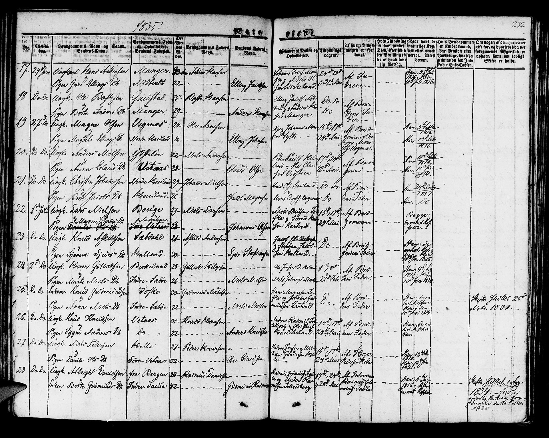 Manger sokneprestembete, AV/SAB-A-76801/H/Haa: Parish register (official) no. A 4, 1824-1838, p. 232